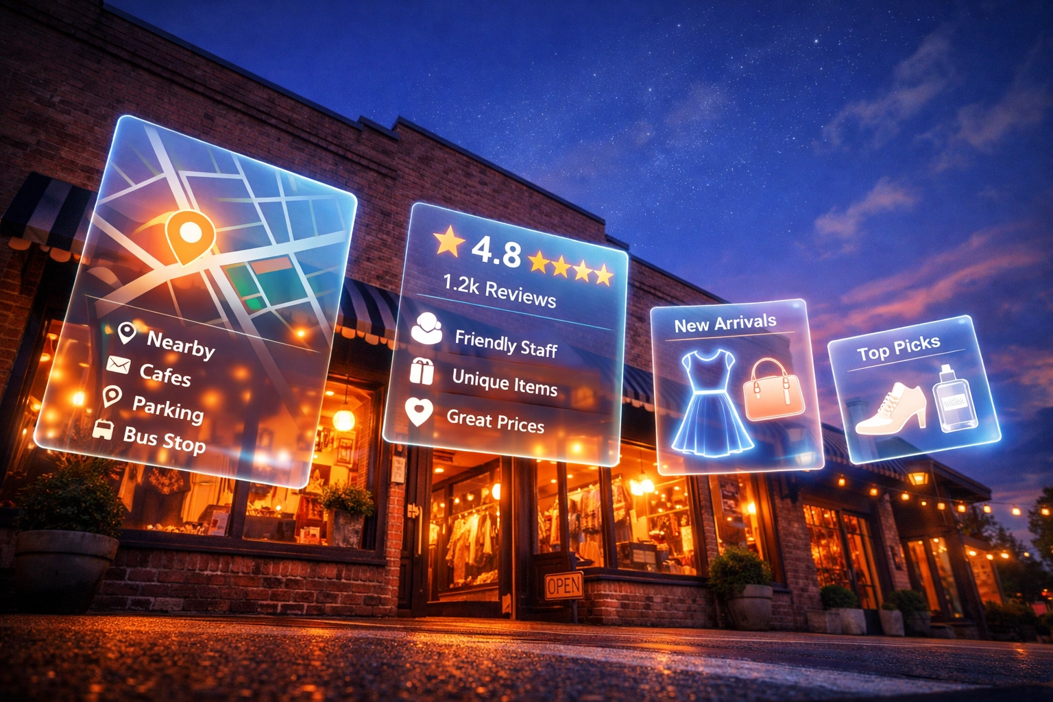 Digital information overlays with business ratings and maps in front of a local retail storefront.