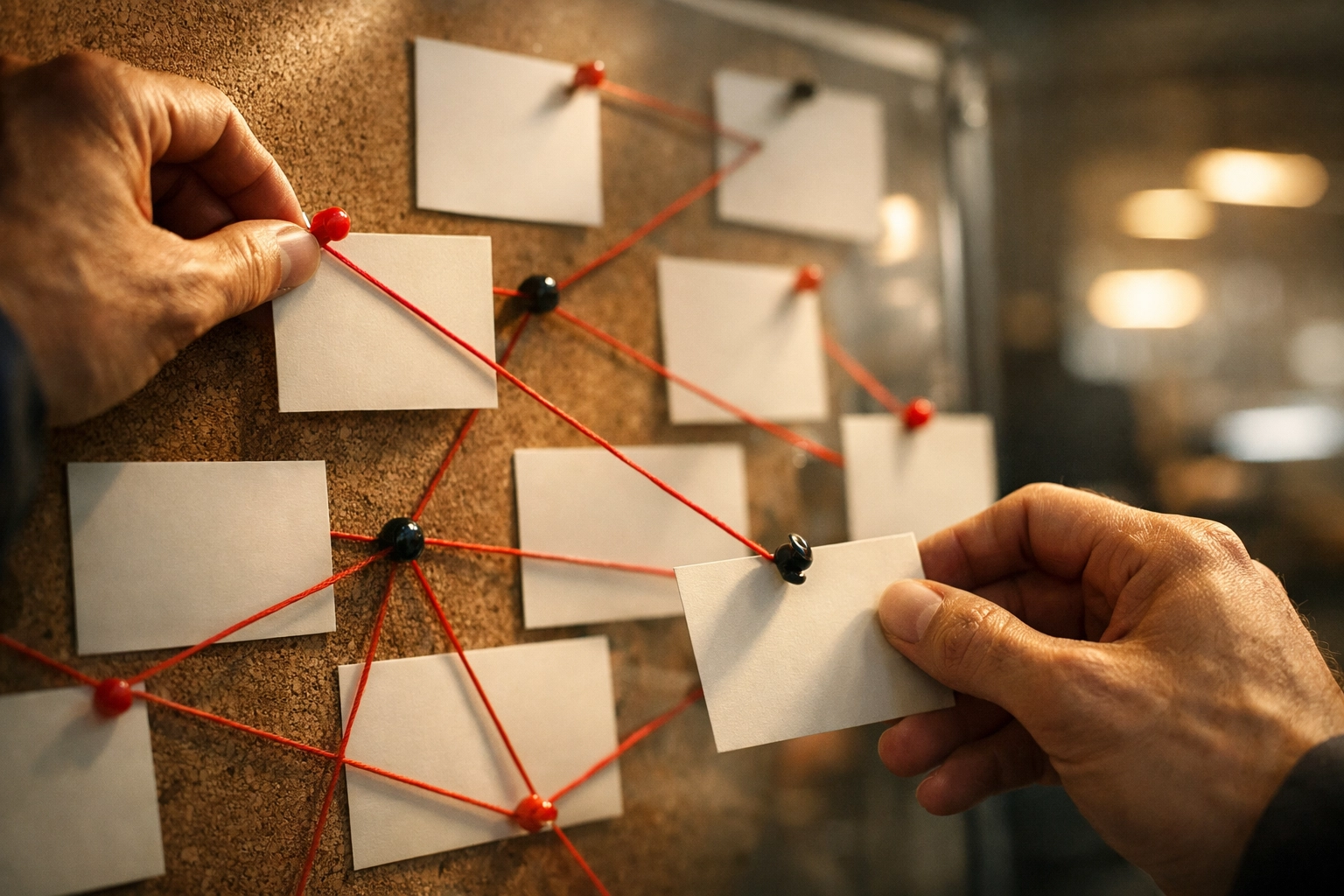 Cinematic realistic close-up of hands mapping entity connections with blank cards and strings in a modern office, no text