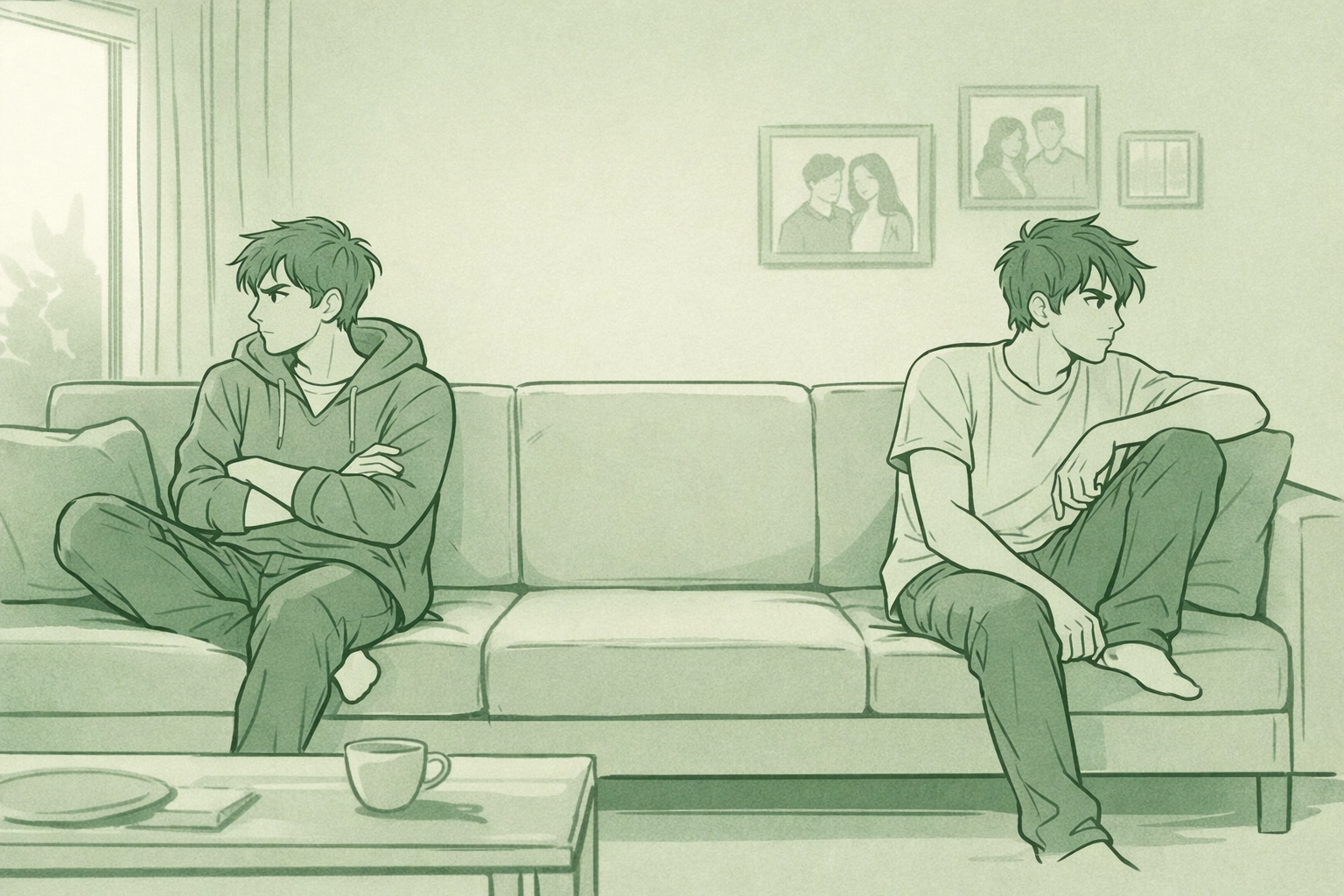 Step-brothers sitting apart on couch with tension in blended LGBTQ family home