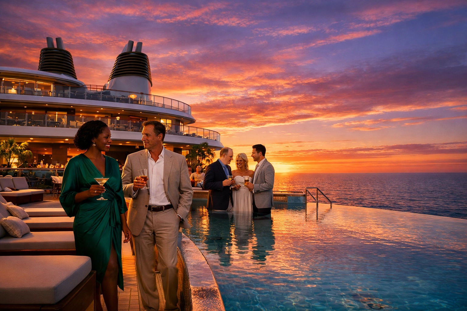 Travelers enjoying luxury cruise deals on a high-end ship deck during a vibrant sunset at sea.