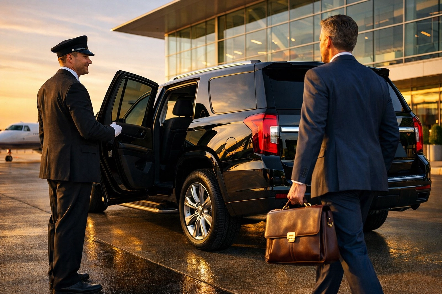 Super Bowl Branding Blitz: How to Maximize Your Company's ROI with Strategic Executive Presence Executive arriving via luxury chauffeur service at private airport terminal