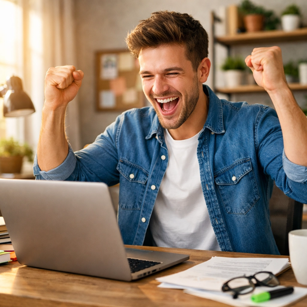 Student celebrating after successfully passing CLEP exam at home computer