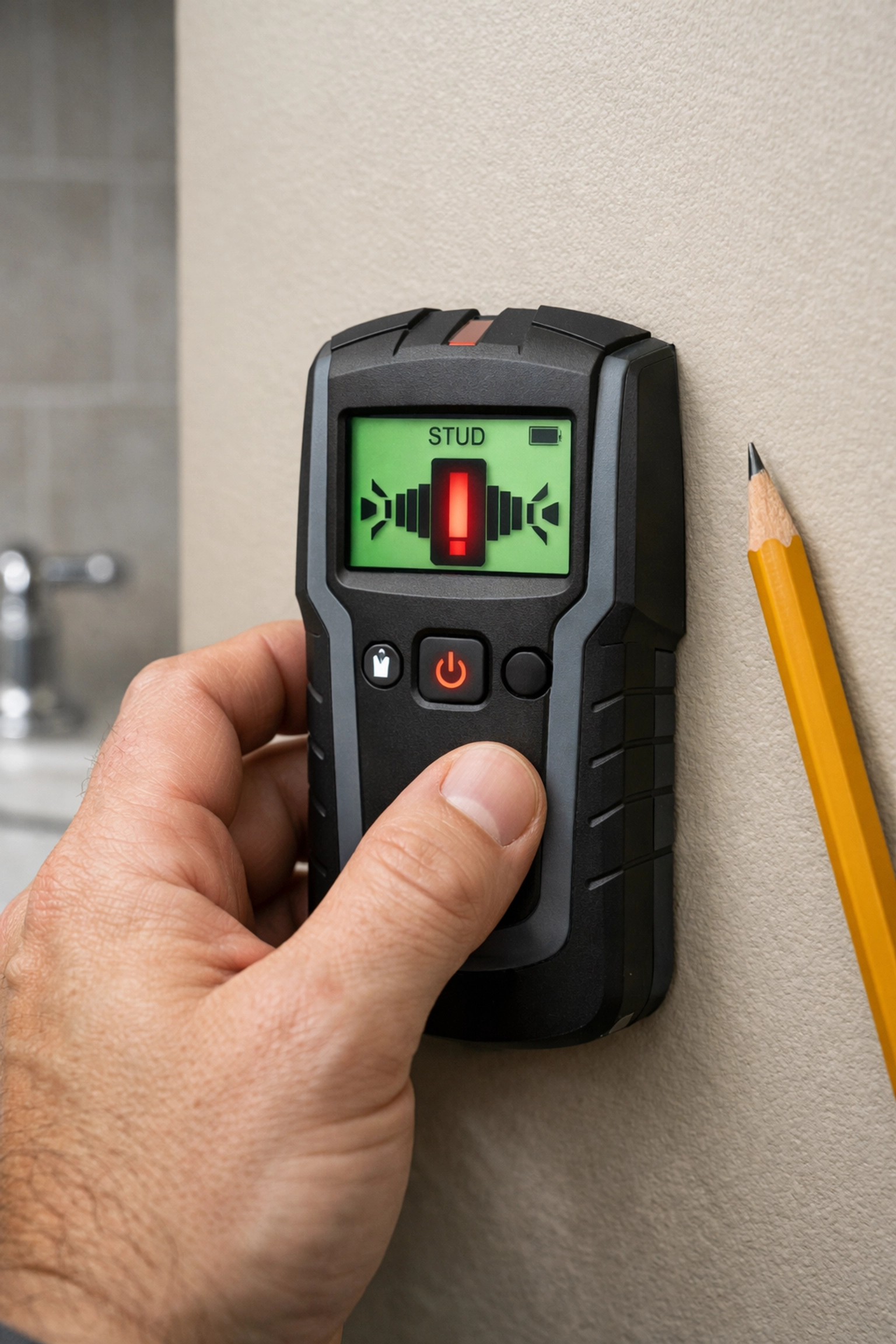 Hand using a stud finder on a bathroom wall to ensure secure grab bar installation into wood studs.