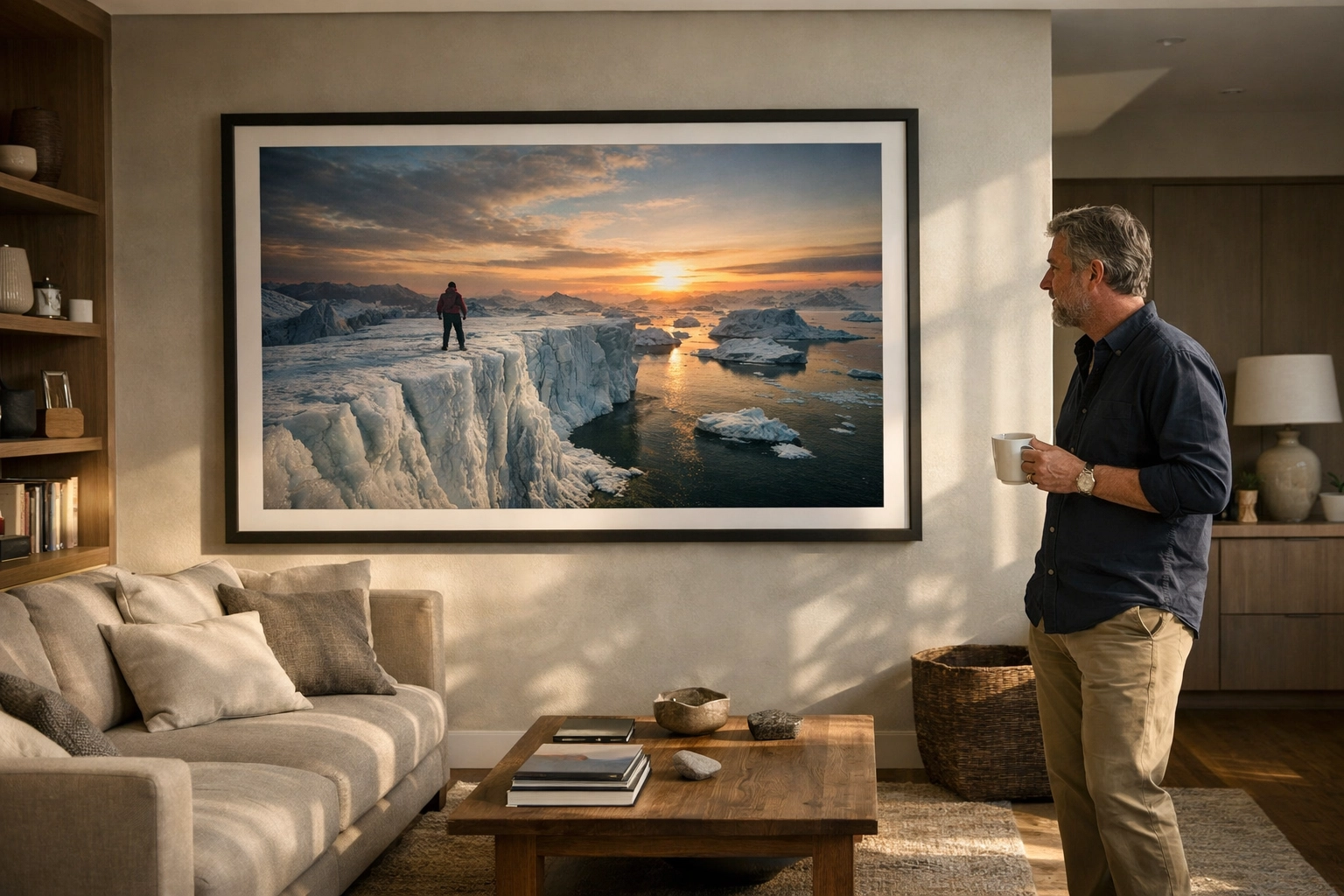 A collector viewing high-value fine art photography prints in a modern home setting.