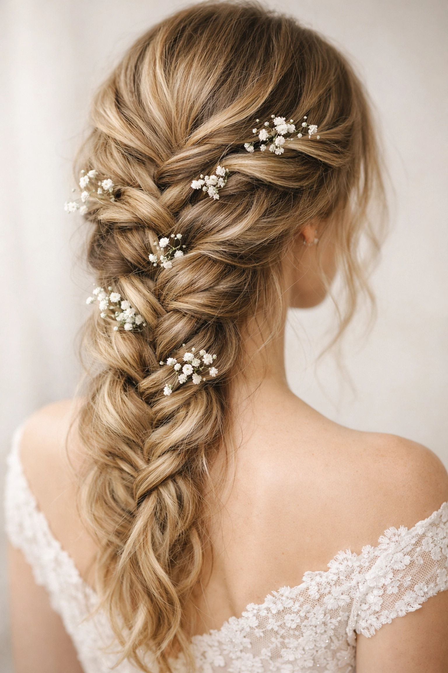Intricate bridal bohemian braid with blonde lived-in color and flowers for a Concord NH wedding style.
