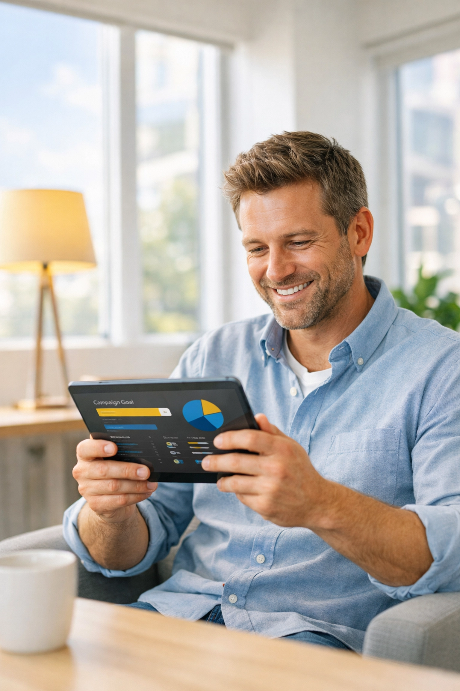 Fundraiser analyzing donor behavior data on a tablet in a minimalist co-working space.