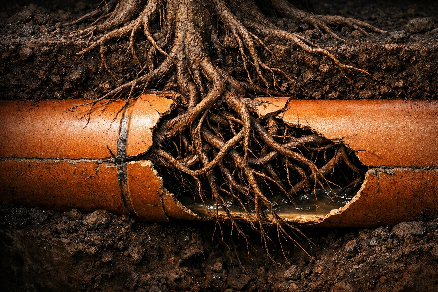Cross-section of an underground sewer pipe showing severe tree root intrusion through a cracked joint.