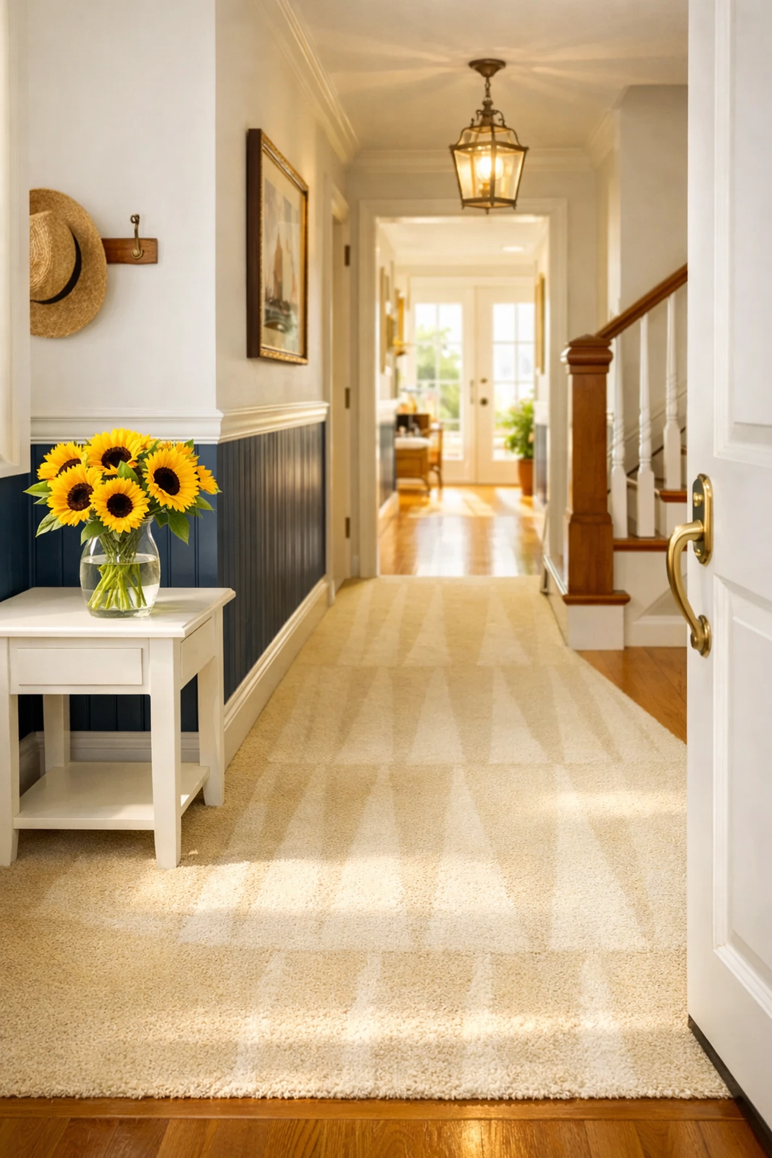 A bright foyer with freshly vacuumed carpets from a trusted house cleaning Quincy MA company.