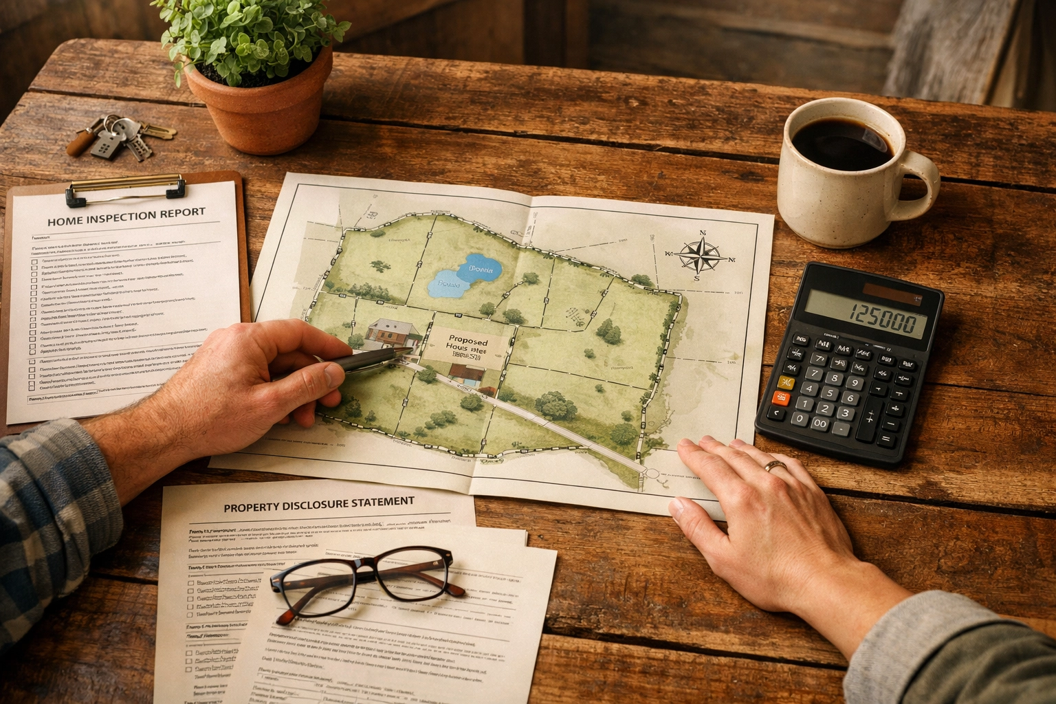 Horse property buyer reviewing survey maps and documents during farm consultation planning session