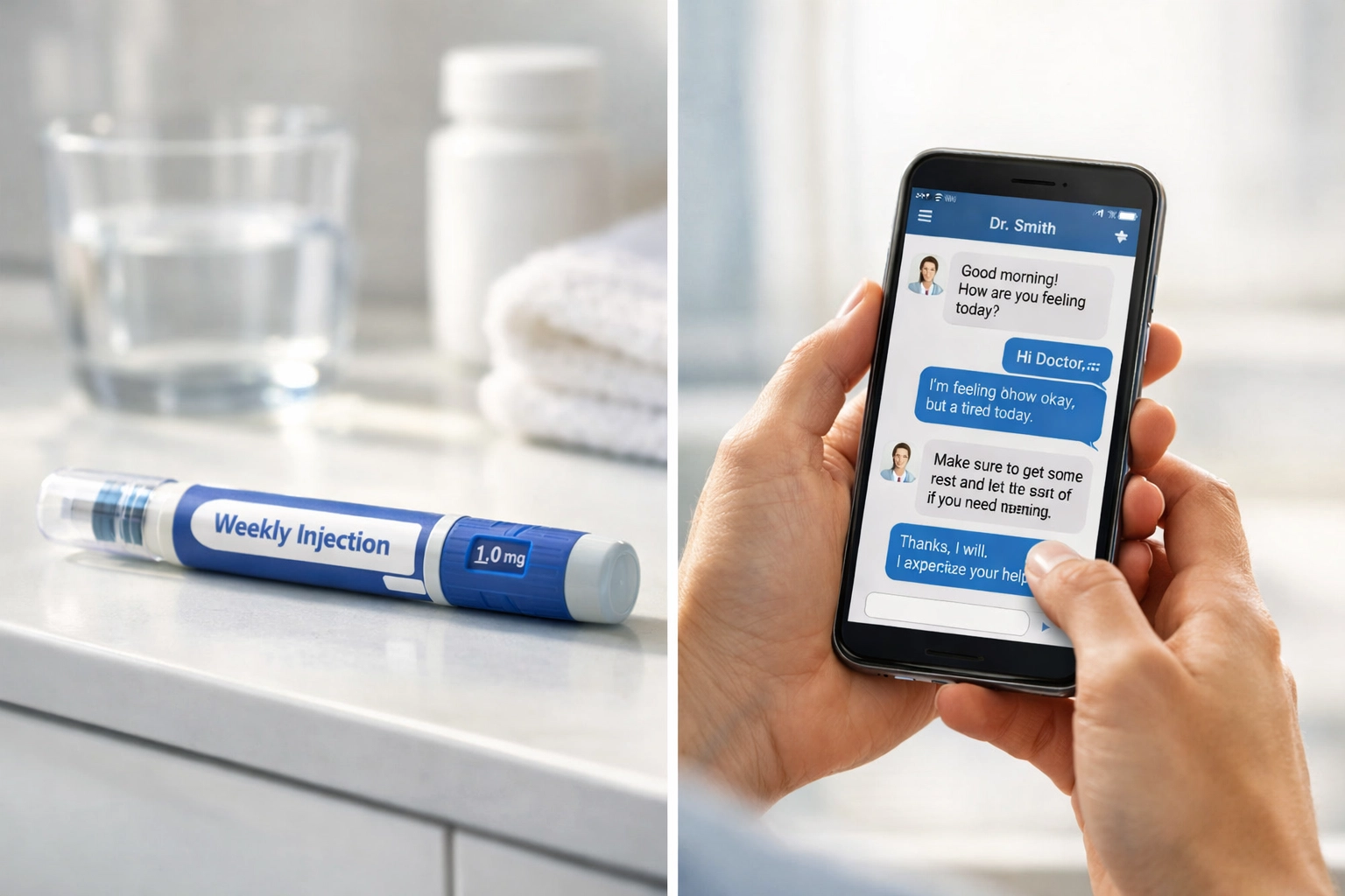 GLP-1 weight loss injection pen with smartphone showing secure doctor consultation messaging
