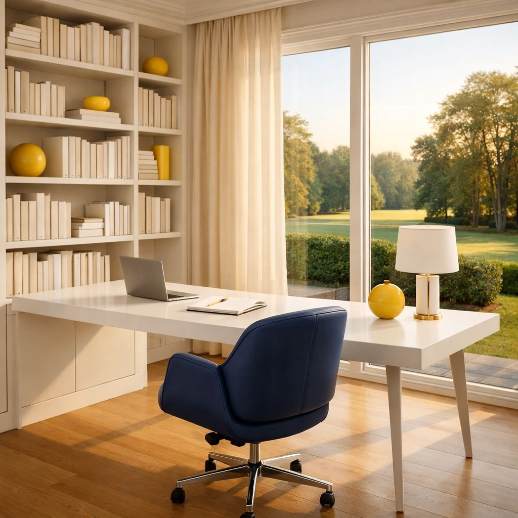 Impeccably clean and organized home office after high-end residential cleaning Massachusetts.