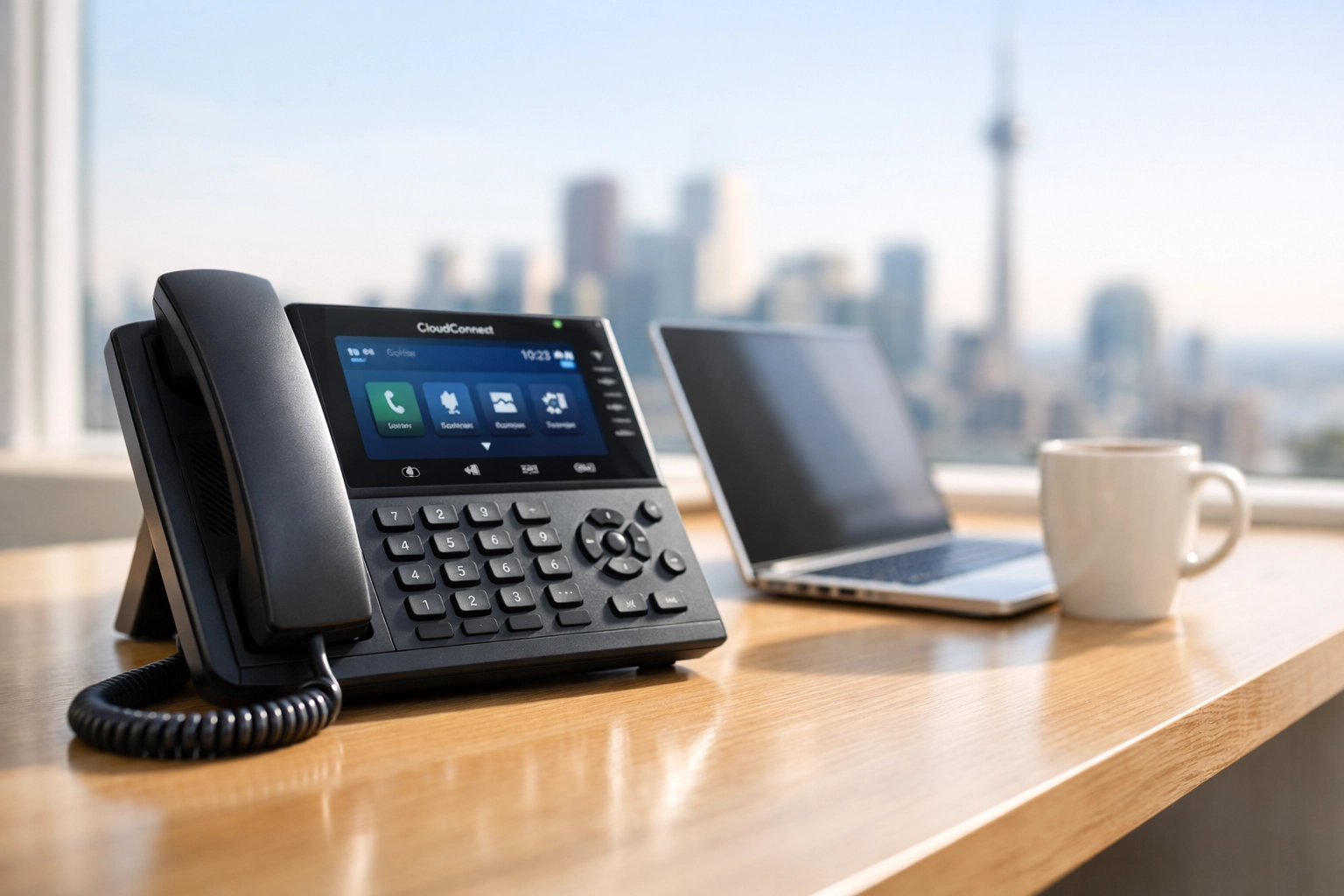 Modern IP desk phone in a Canadian office integrated with business VoIP Canada services.