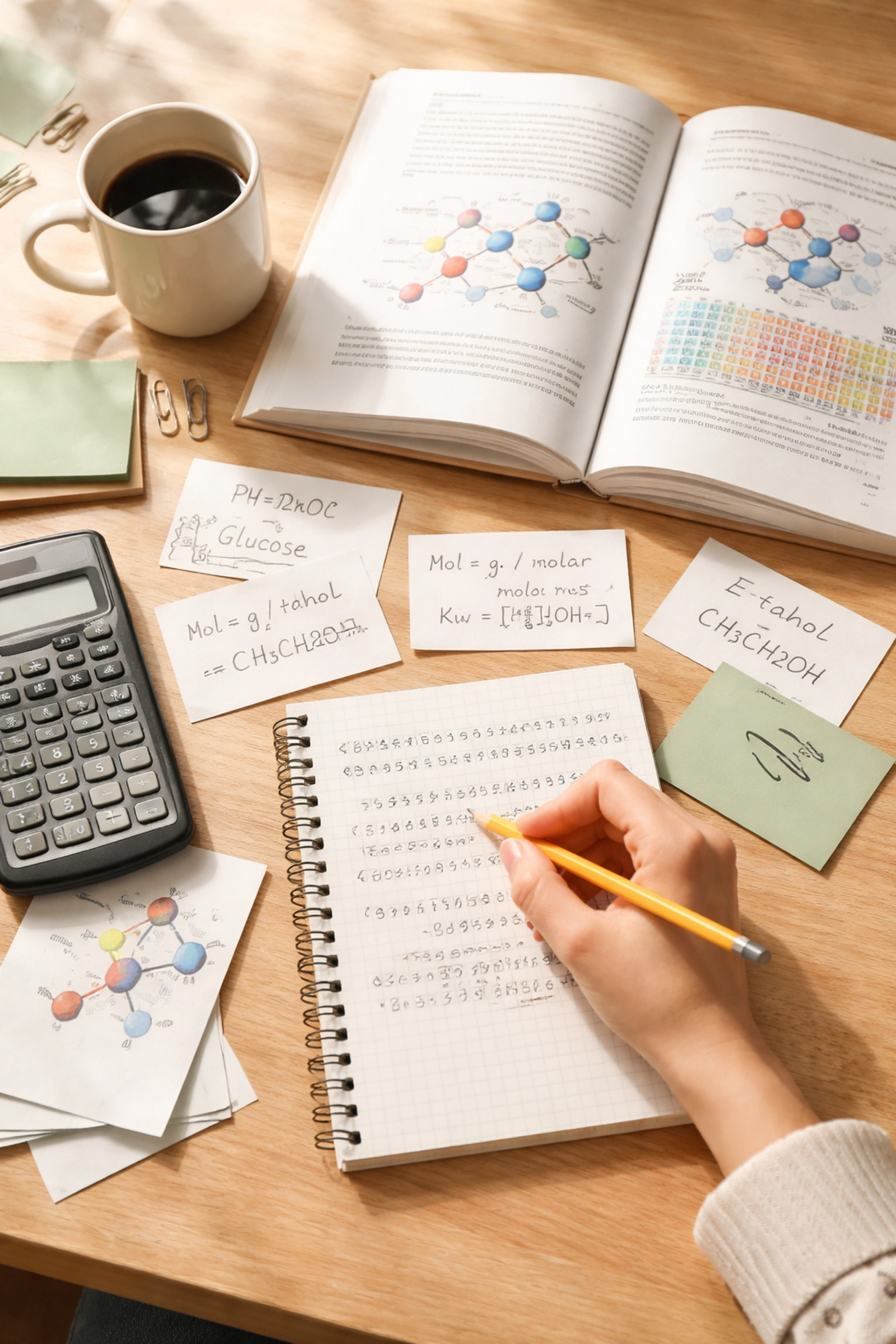 Student's desk with chemistry textbook, calculation notes, and calculator showing focused chemistry study