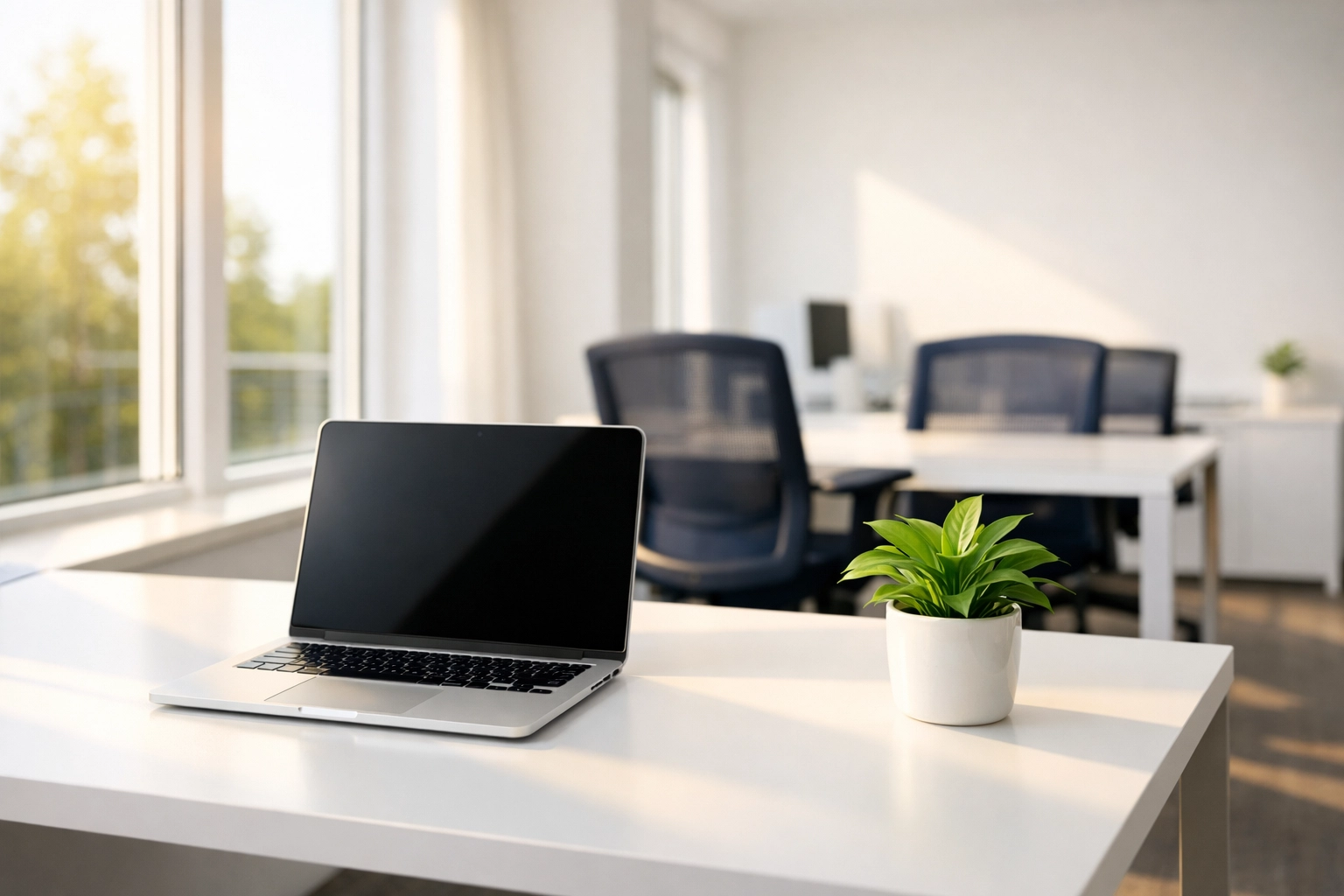 Spotless modern office desk in Bedford showing the results of professional commercial cleaning.