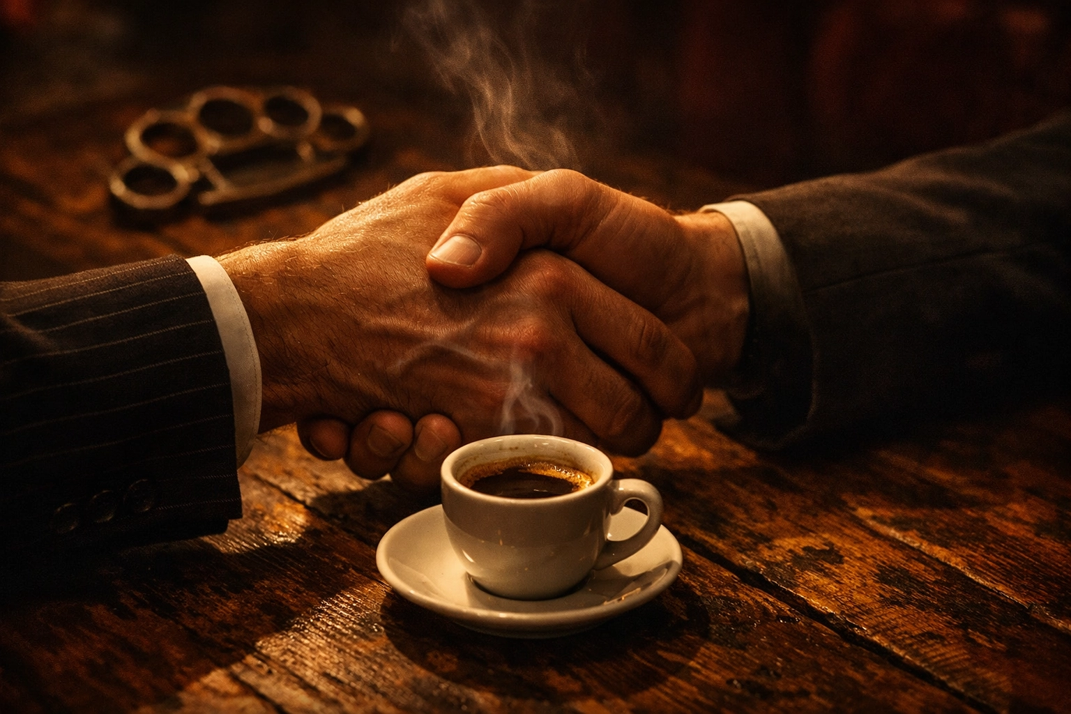 Handshake over espresso symbolizing coffee loyalty and trust in specialty coffee culture
