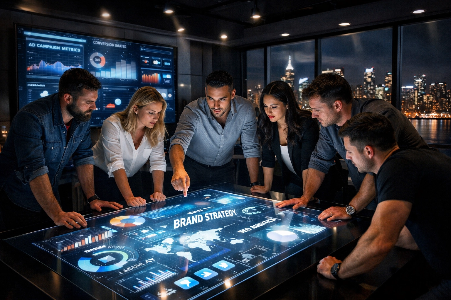 Marketing professionals strategizing a high-performance NIL branding campaign in a modern office.