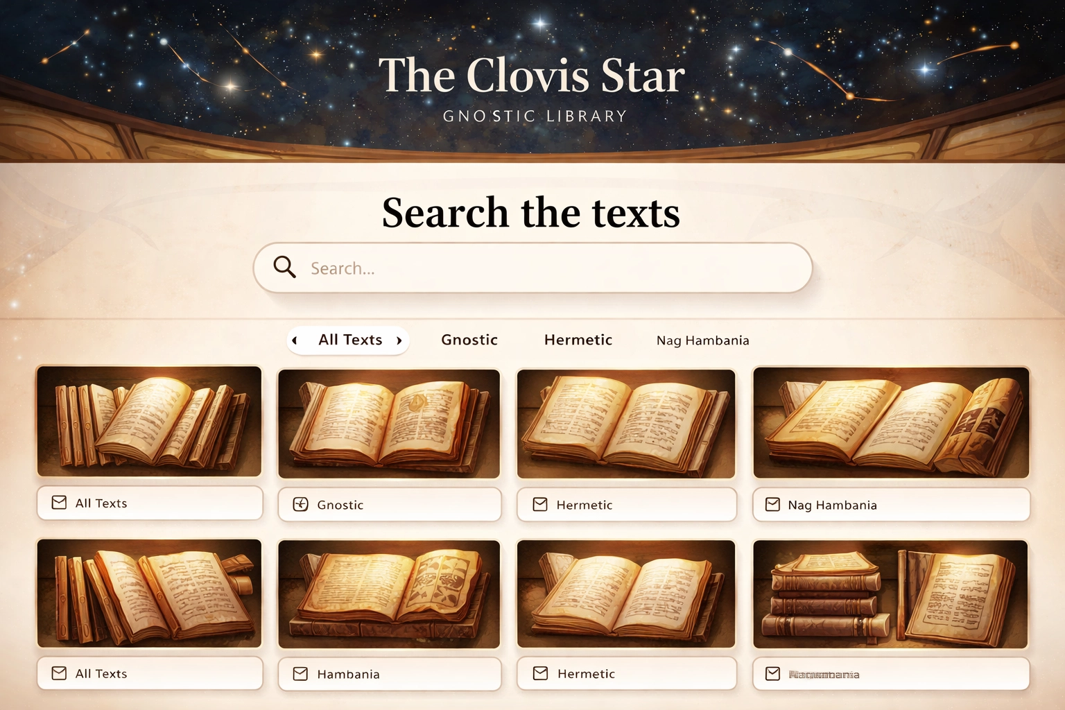 Illustration of a searchable digital library of ancient manuscripts with a subtle star/constellation motif, representing The Clovis Star Gnostic Library.