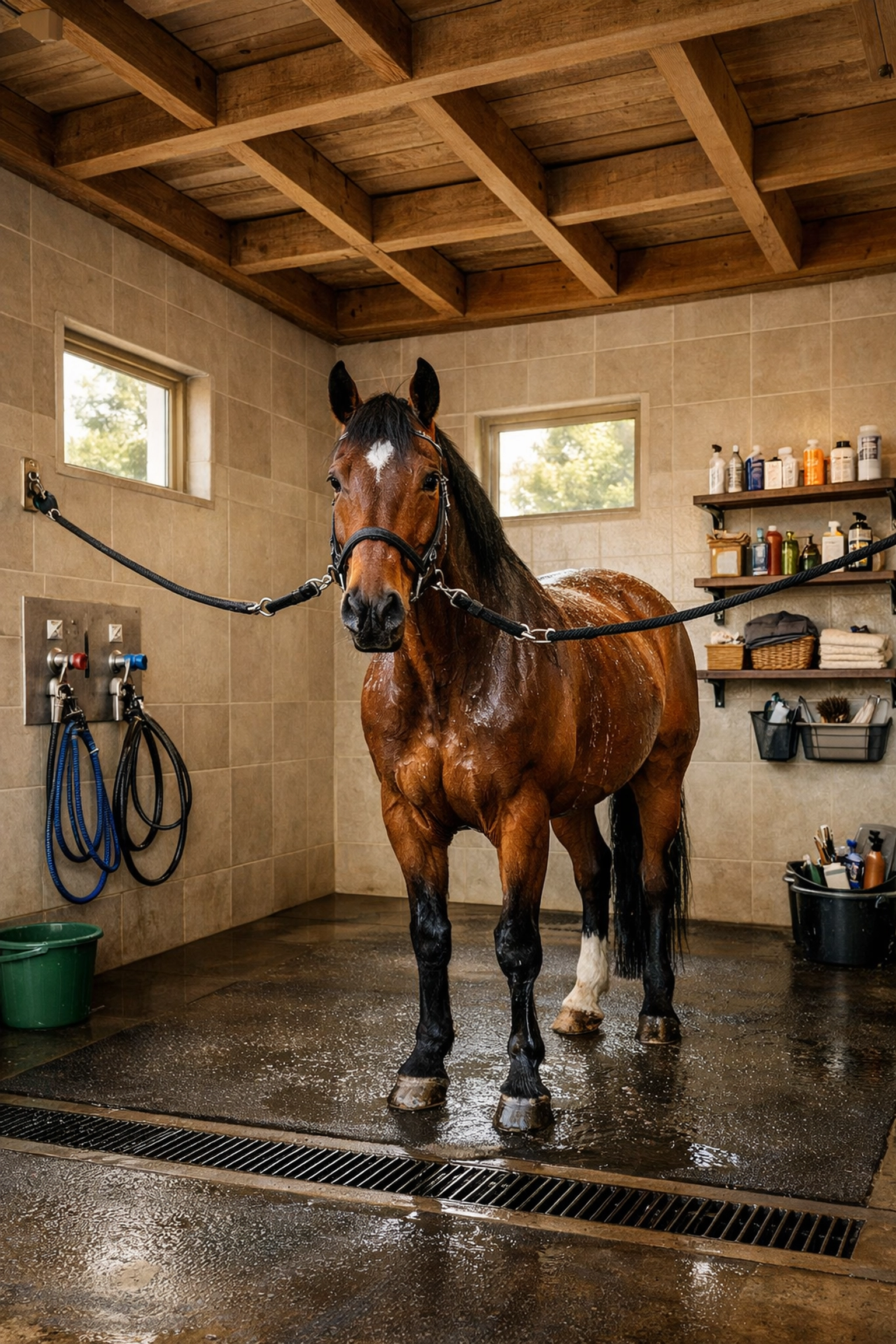 Professional horse wash rack with heated water and rubber flooring in luxury Charlotte barn
