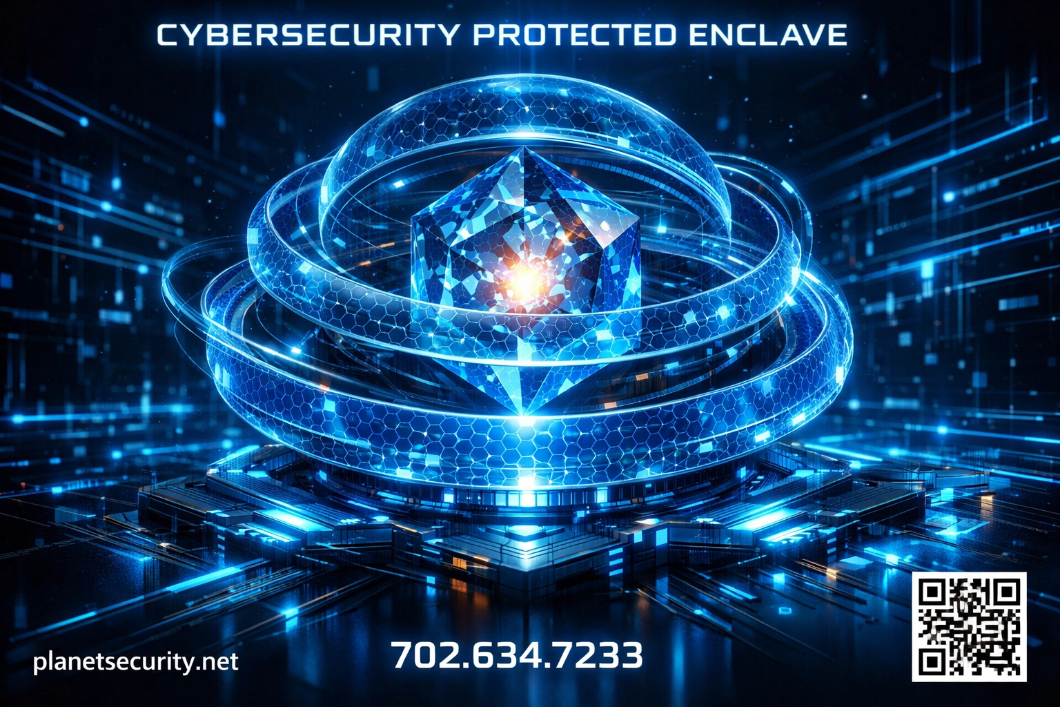 Secure digital data core protected by blue energy rings, illustrating CPE Level 2 hardening and zero-trust security.