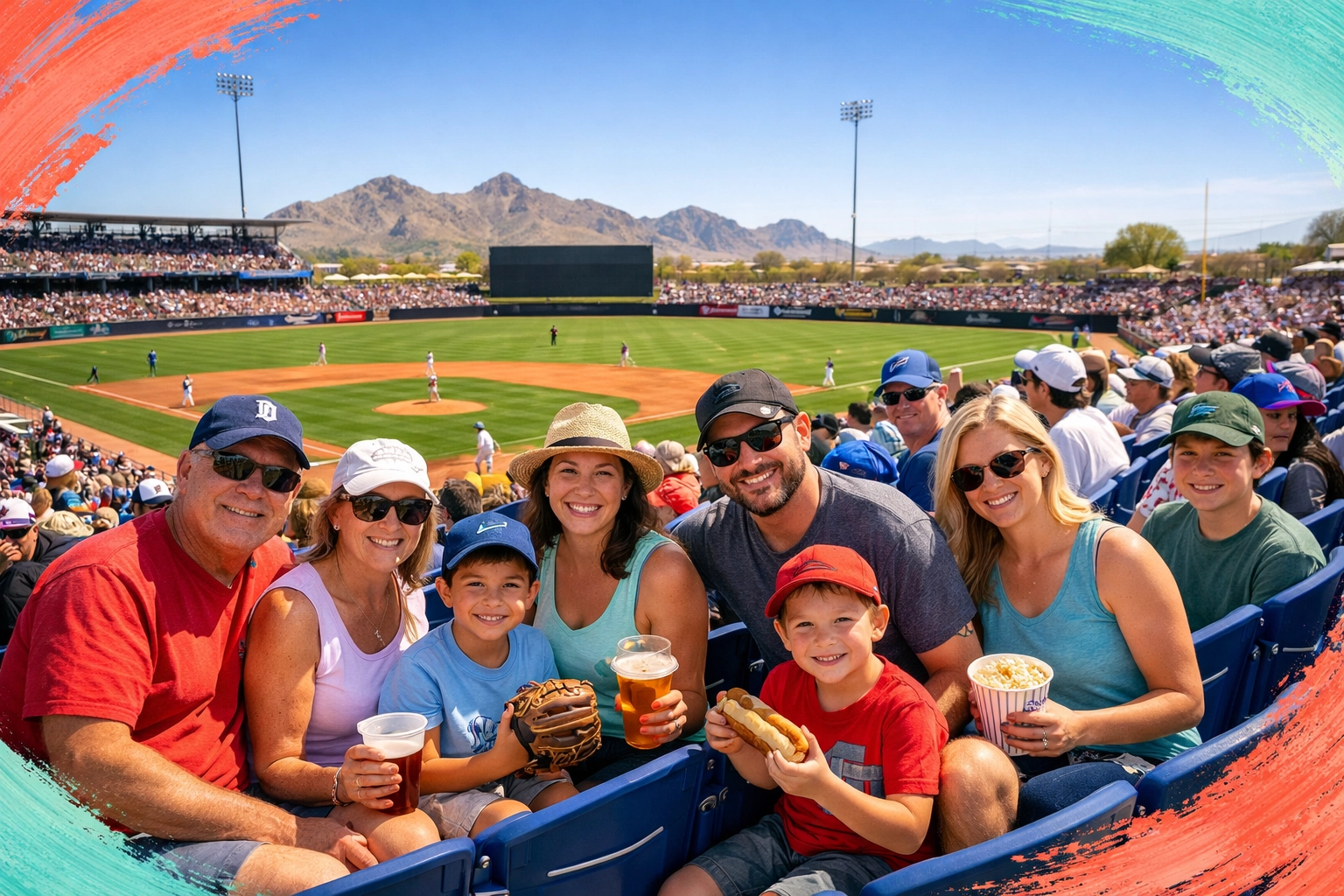Families enjoying spring training baseball game at Surprise Stadium in Arizona