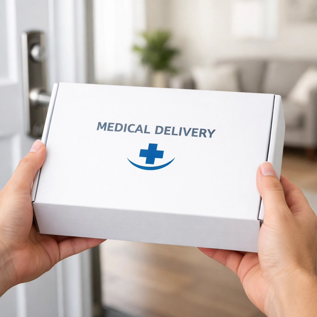 Discreet medical delivery box for weight loss medications being received at a patient's home doorway.