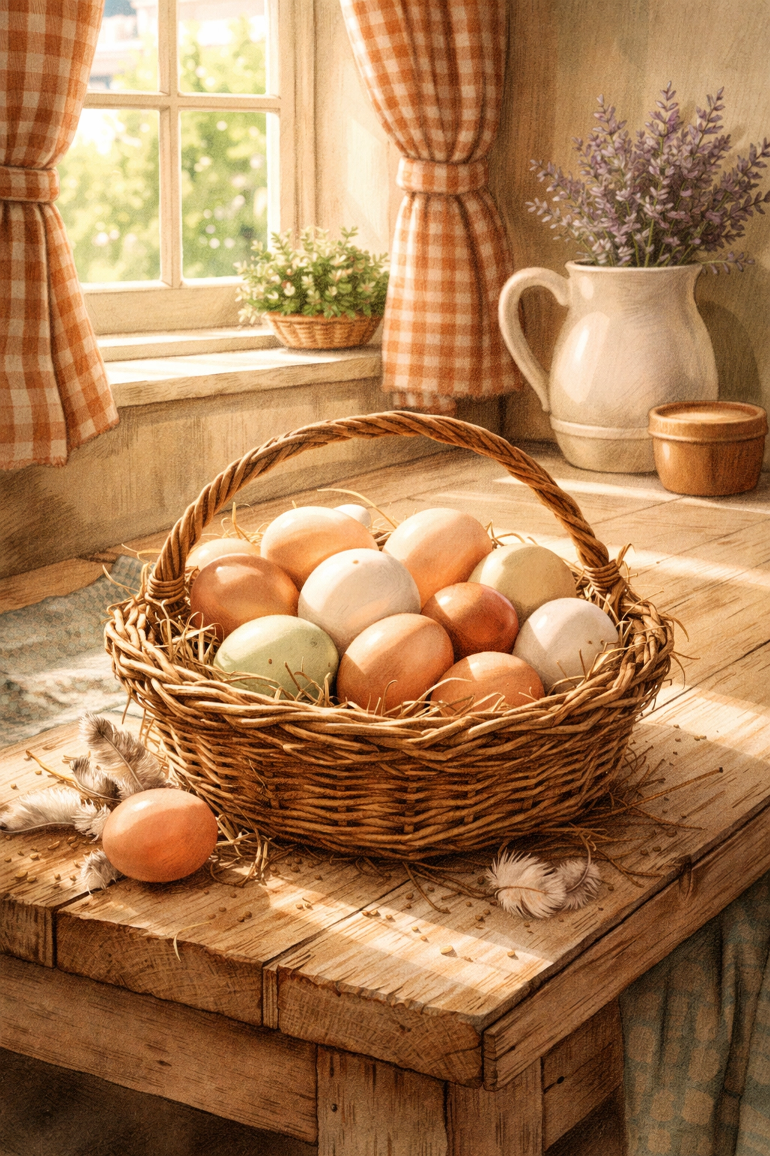 Farmhouse table with a basket of brown, white, and green farm fresh eggs, evoking country living.