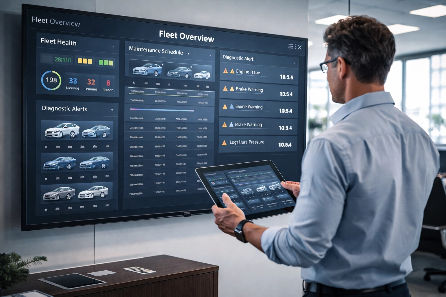Fleet manager reviewing vehicle diagnostics and maintenance schedules on digital dashboard for proactive planning