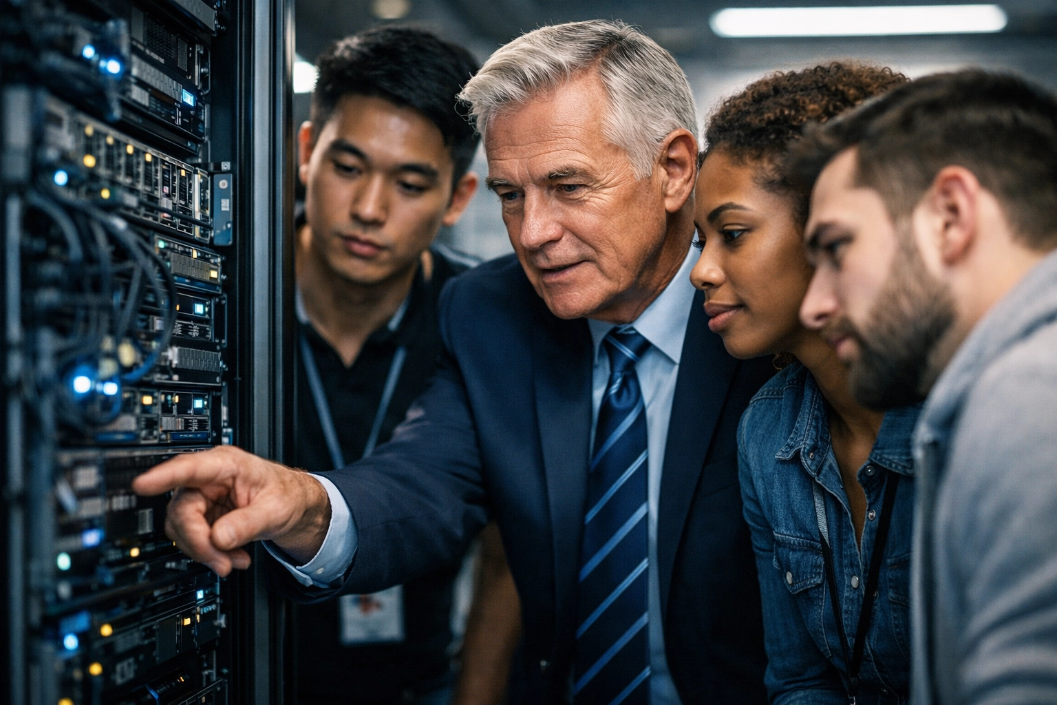 Technicians and executive discussing cloud computing infrastructure and technical leadership.