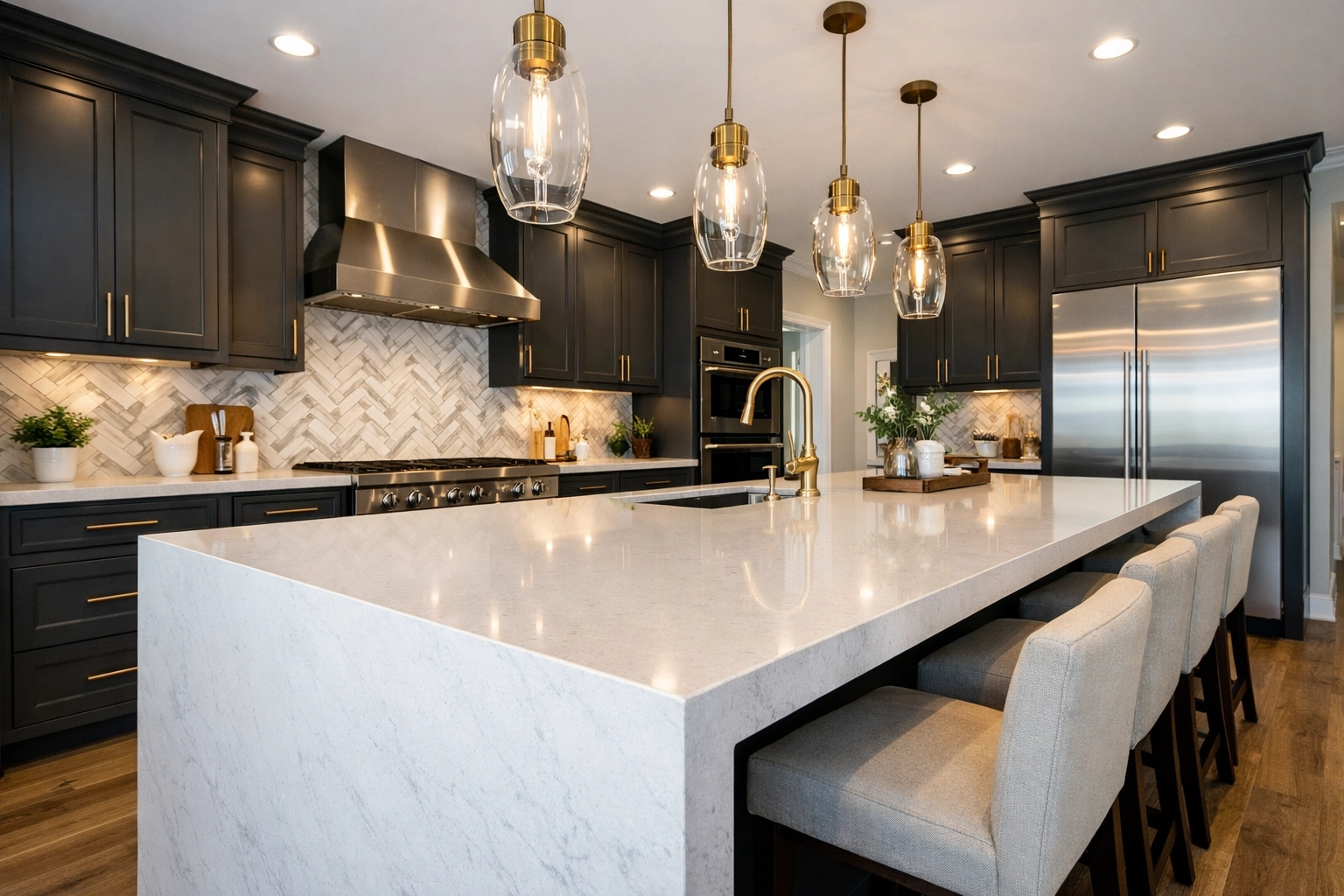 Stunning luxury kitchen remodel featuring a white quartz island and grey cabinetry.