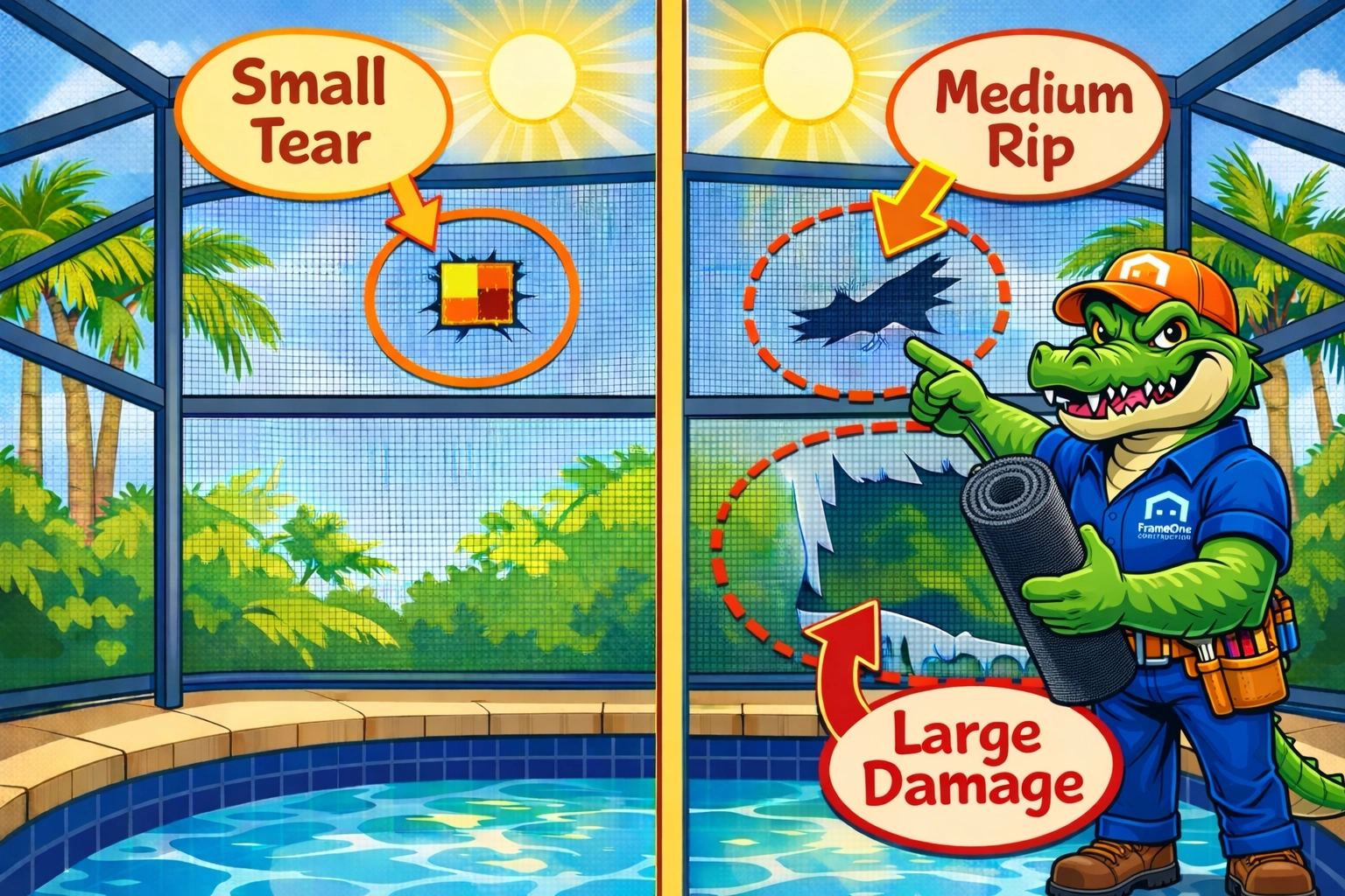 Different types of pool screen enclosure damage from small tears to large rips requiring repair