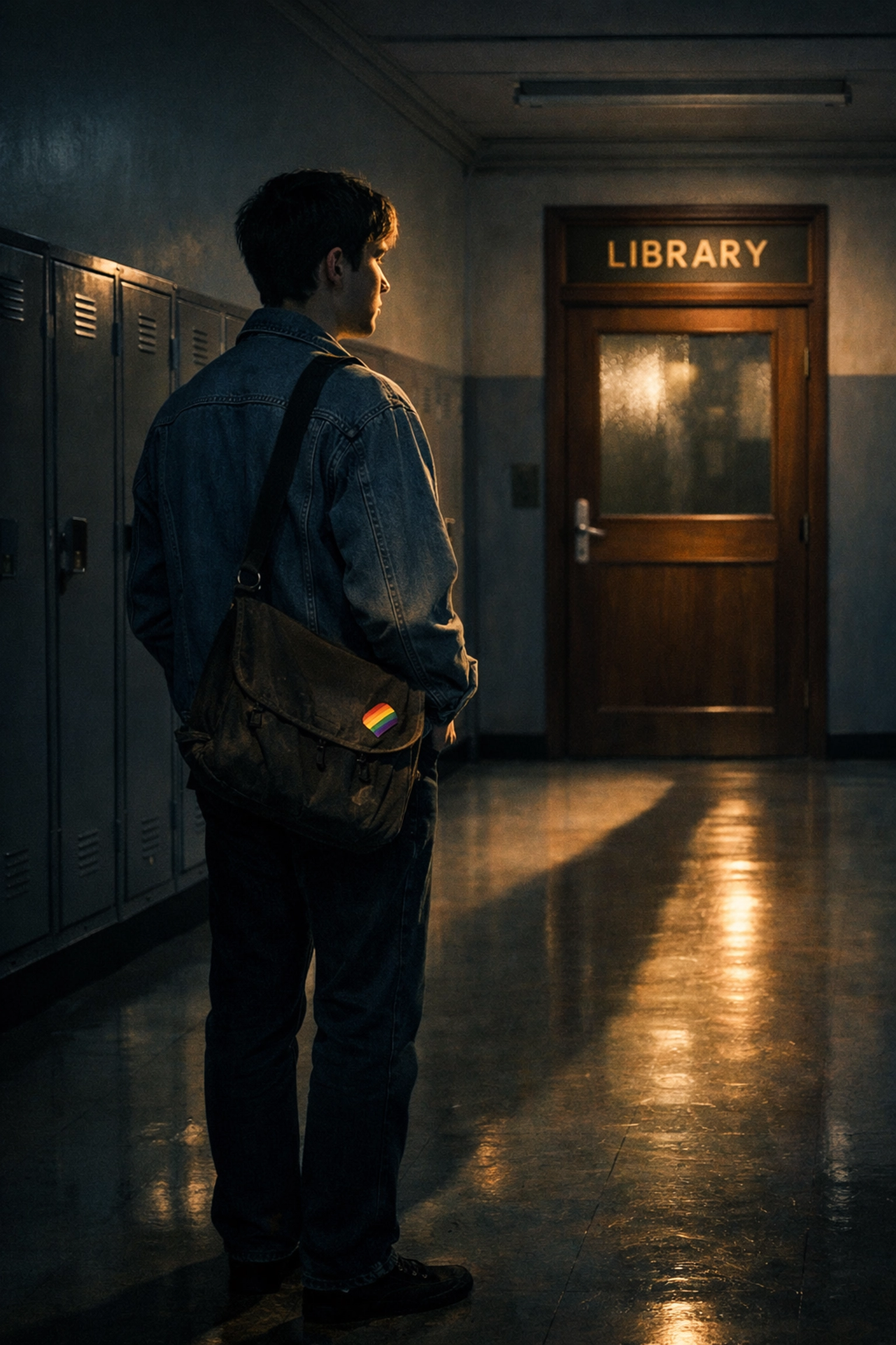 Gay student in a 1980s school hallway facing library censorship under Section 28.