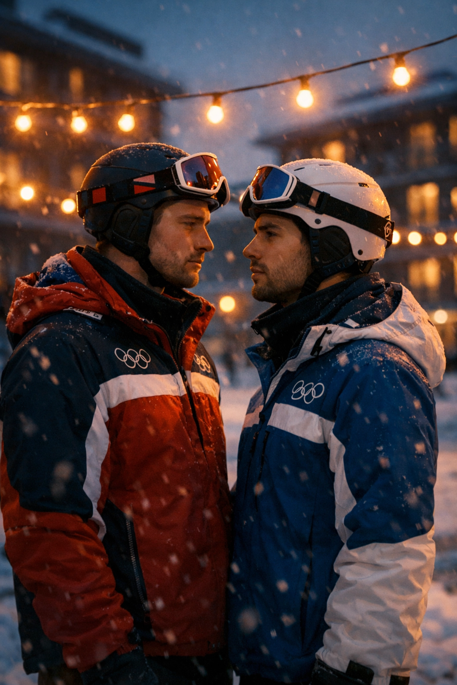 Two gay male athletes in winter gear standing close at Olympic Village courtyard at dusk
