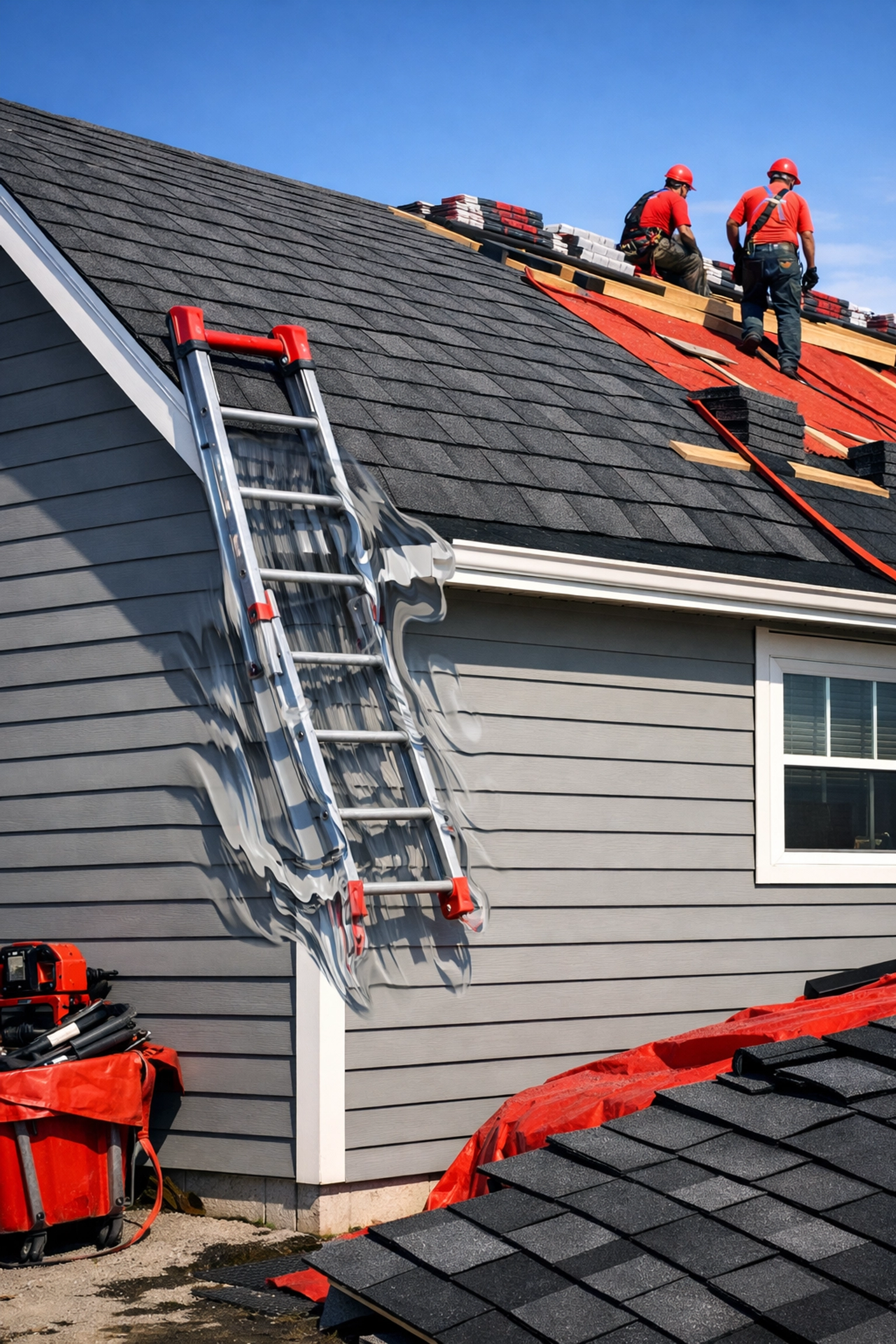 Fake roofing photo with a melting ladder showing how to spot April Fools' pranks from Salisbury roofing companies.