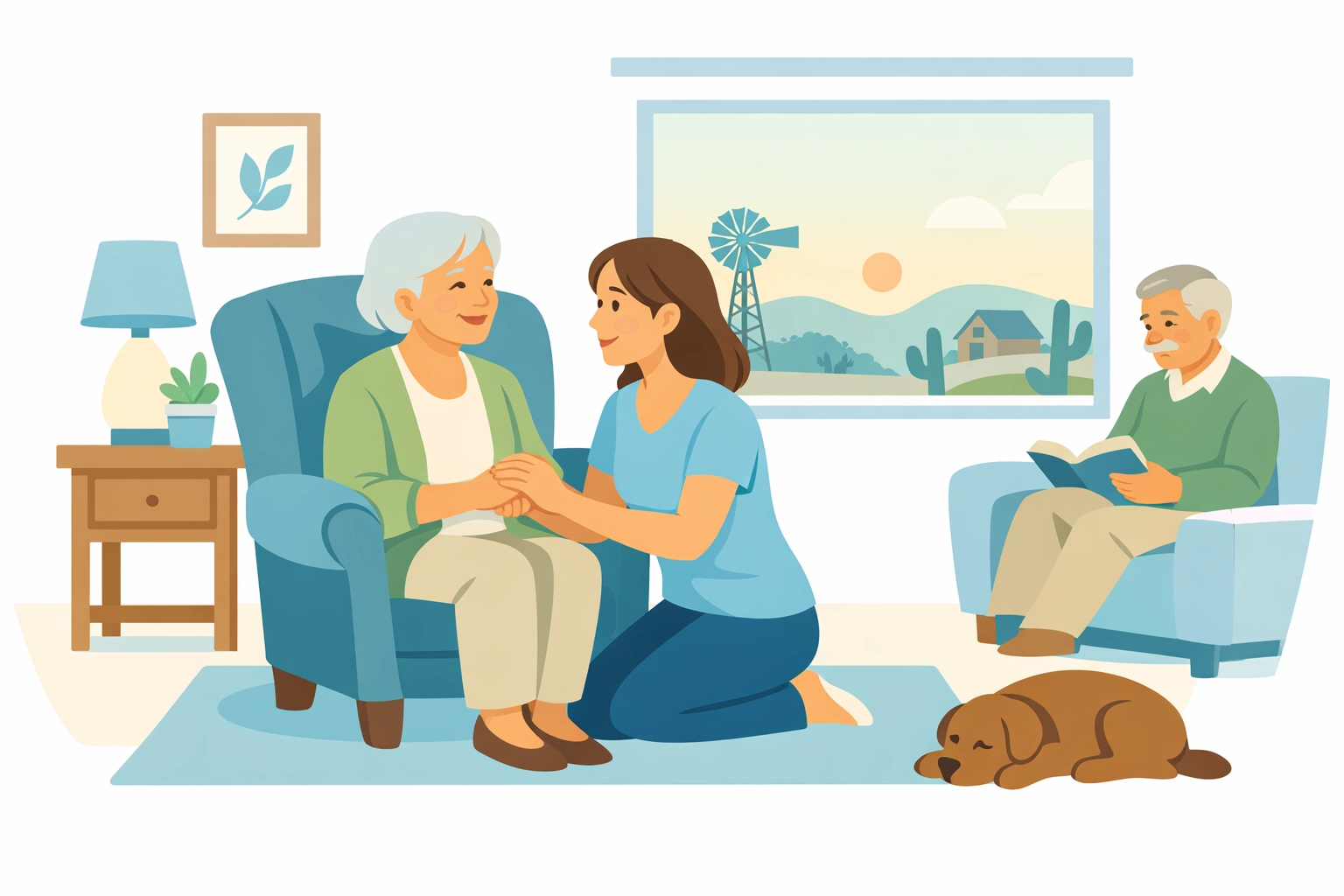 Adult daughter providing home care to elderly mother in Texas living room