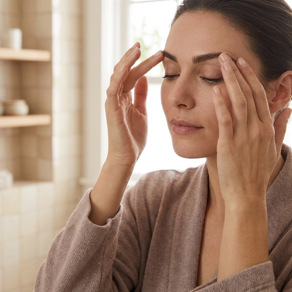 Γυναίκα αγγίζει απαλά τη γραμμή των φρυδιών της ελέγχοντας το αποτέλεσμα treatment brow lamination στο σπίτι