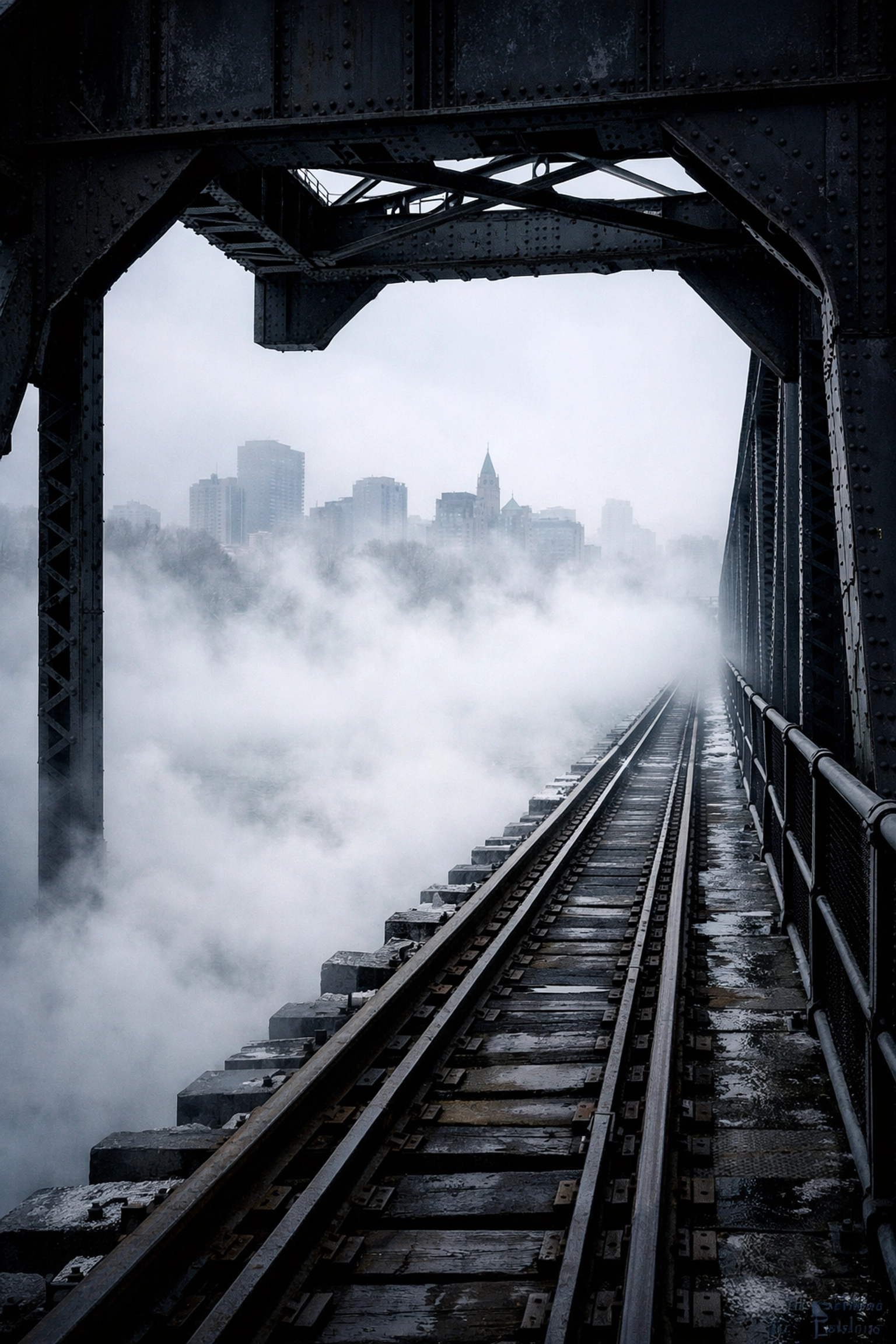 South Saskatchewan River shrouded in winter steam fog viewed from CP Rail Bridge, Saskatoon
