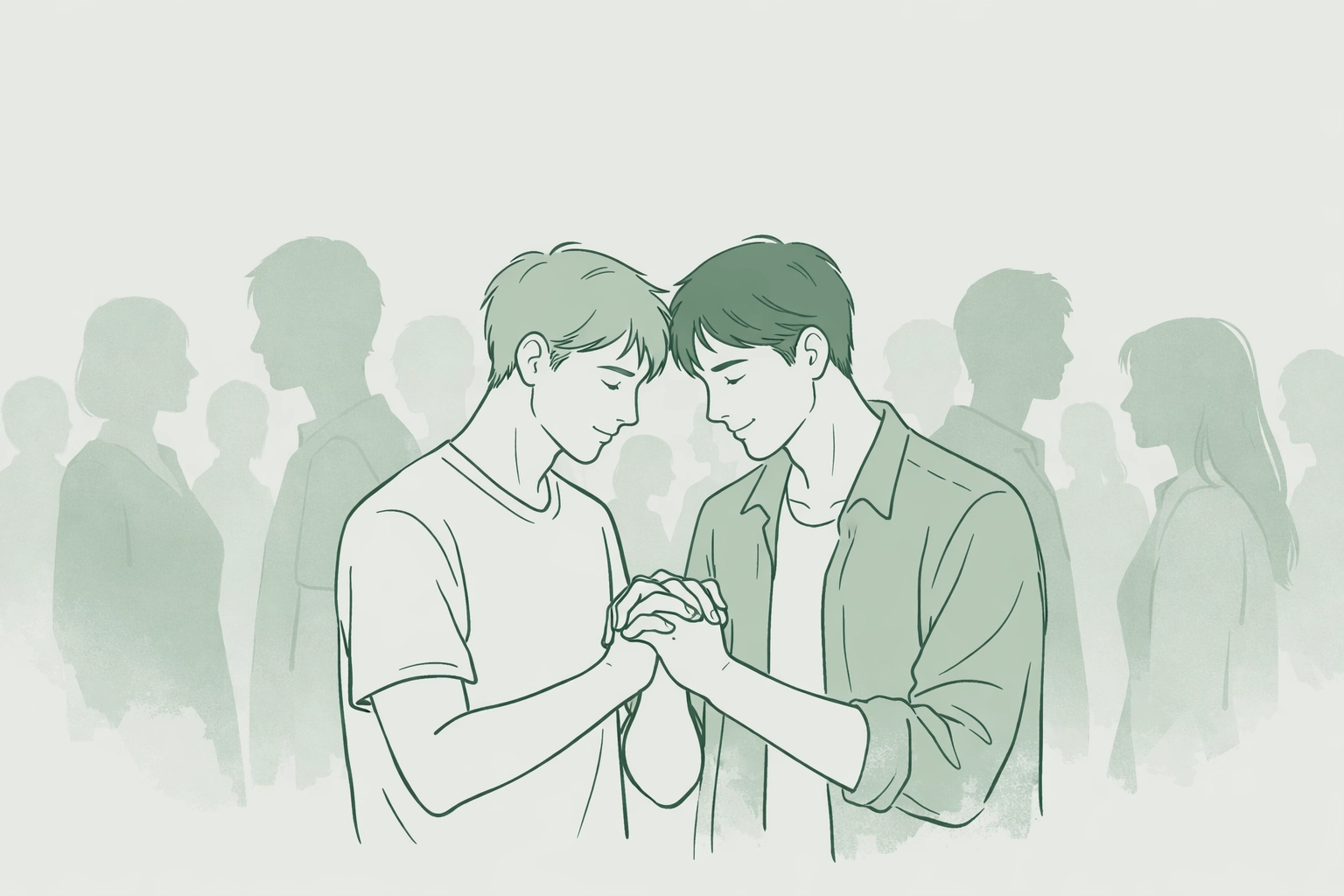 Gay couple holding hands with group silhouettes representing MM romance community