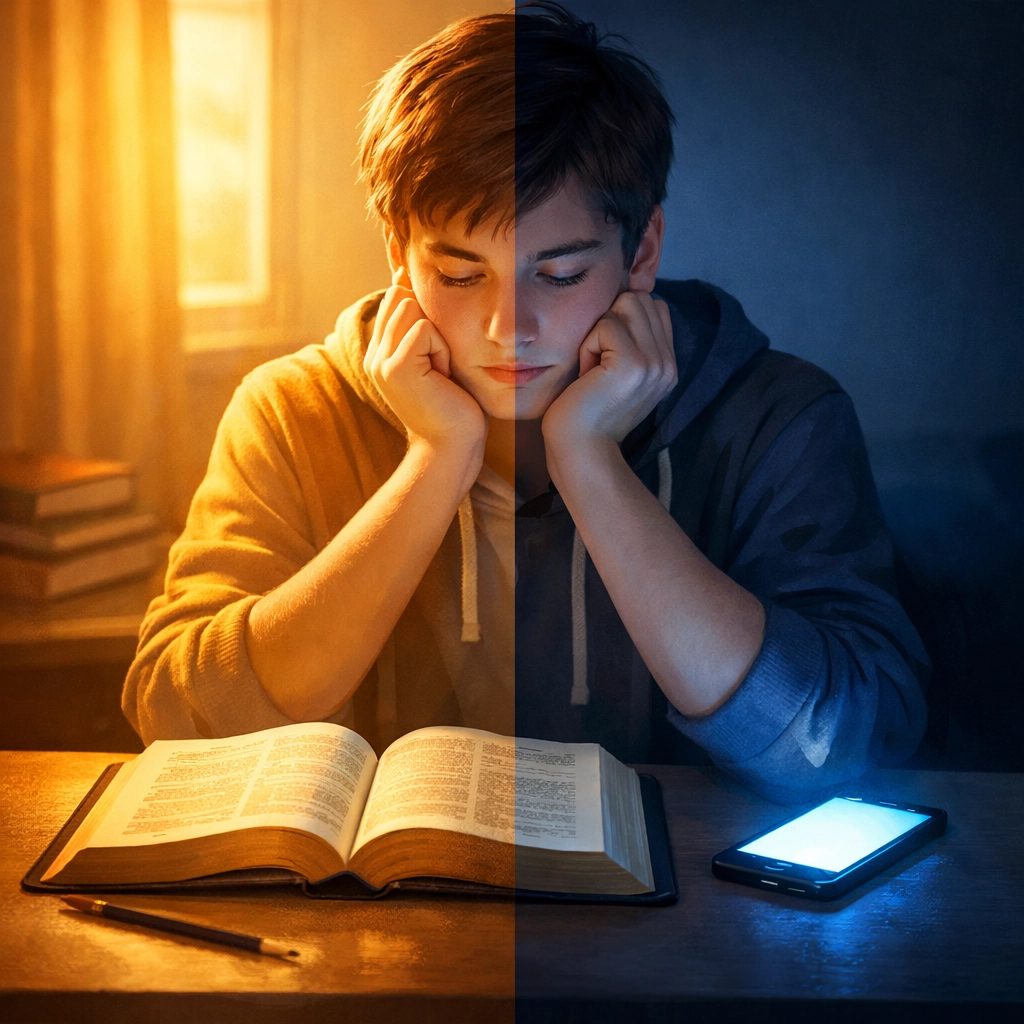 Teen boy at desk with open Bible and smartphone showing biblical discernment