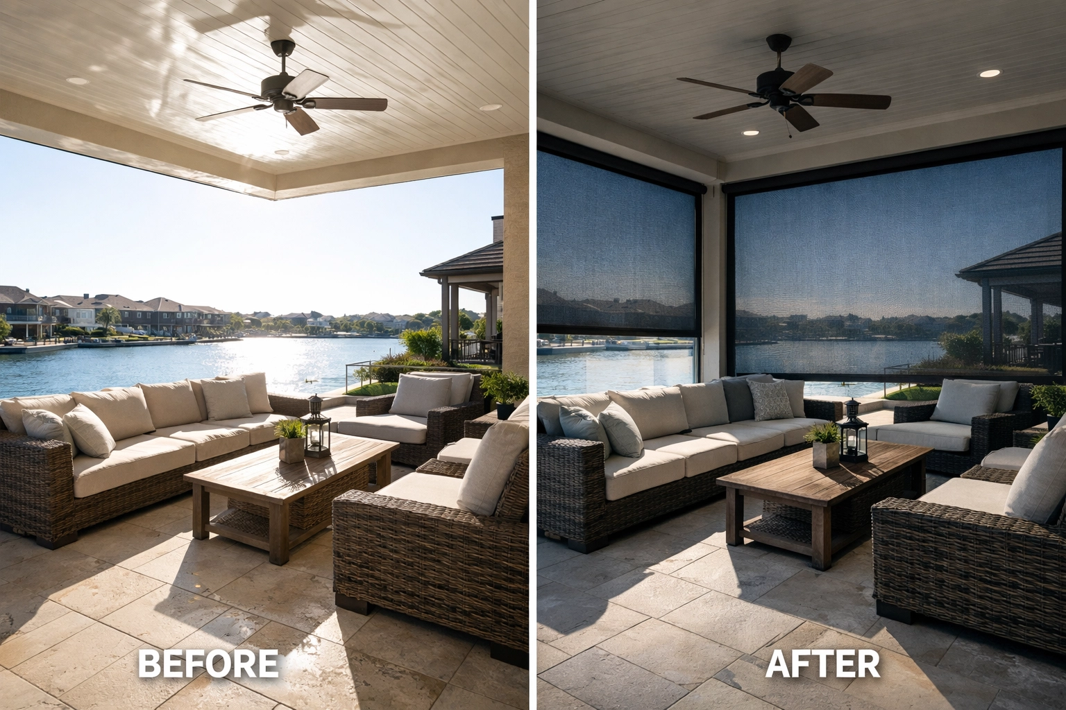 Motorized patio shades Westlake TX before after outdoor comfort improvement