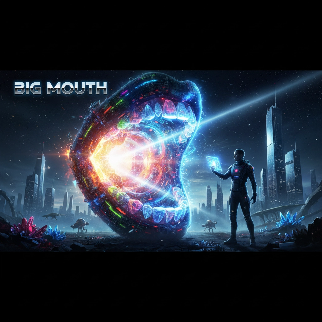 Silhouetted figure facing a glowing cosmic portal in a futuristic city, symbolising Big Mouth exploring inner chaos, growth, and coming of age through imaginative animation