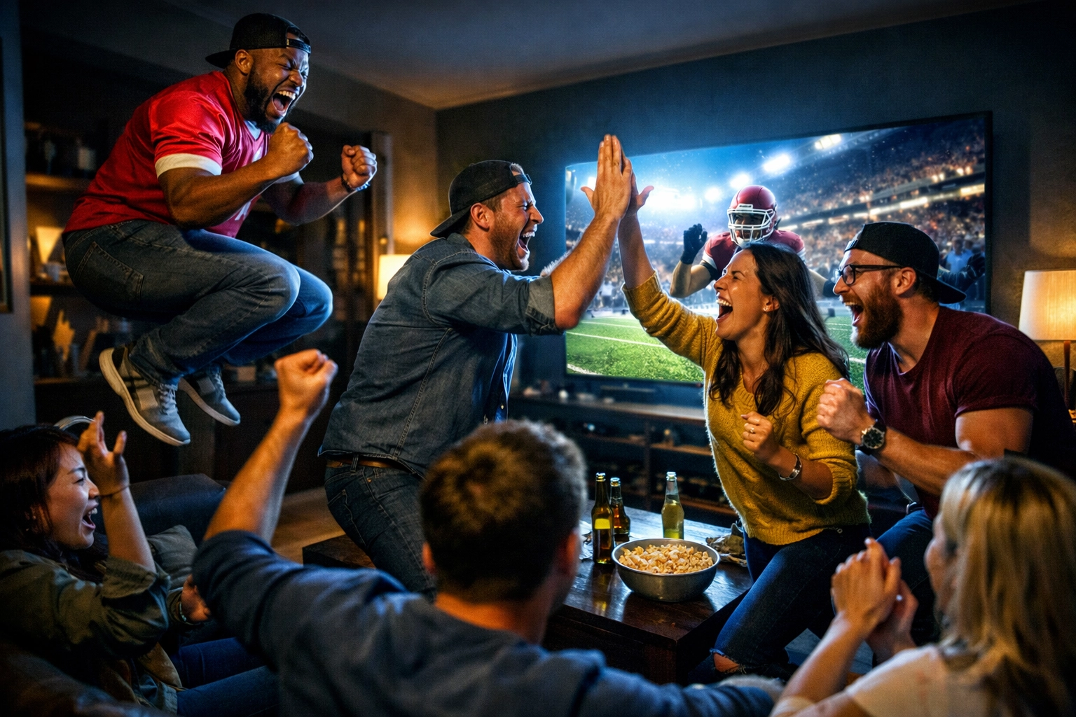 Diverse friends cheering during Super Bowl 2026 to highlight identity and shared marketing experiences.