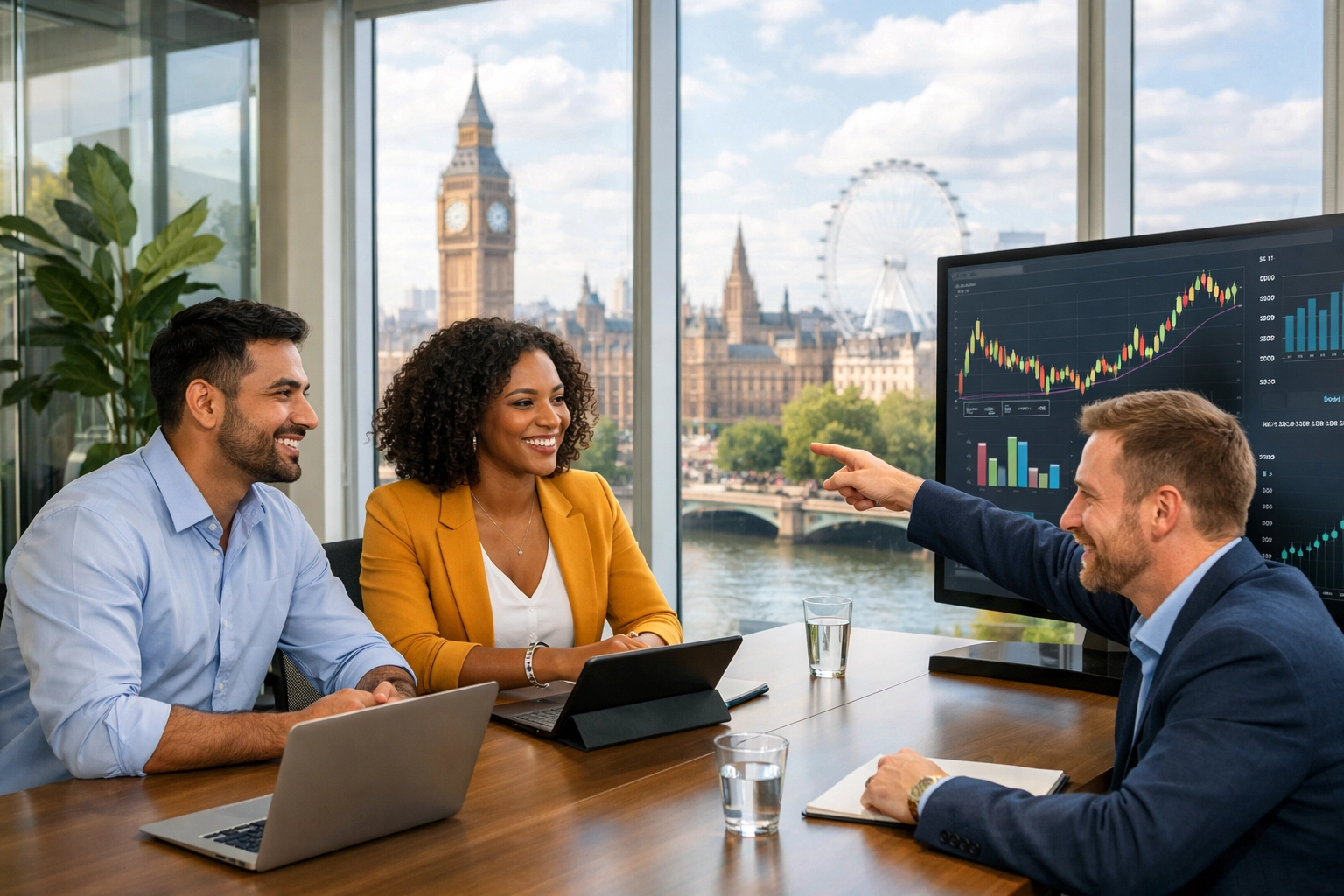 Accounting team collaborating productively with offshore support staff in modern office
