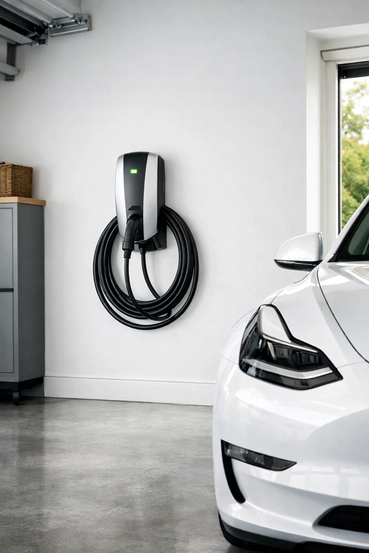Modern home EV charger installation in a clean garage by a specialist Maine electrician.