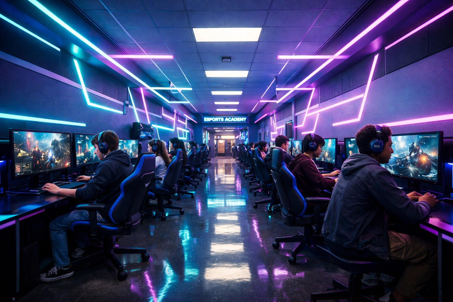 High school students engaged at esports gaming stations in modern training facility