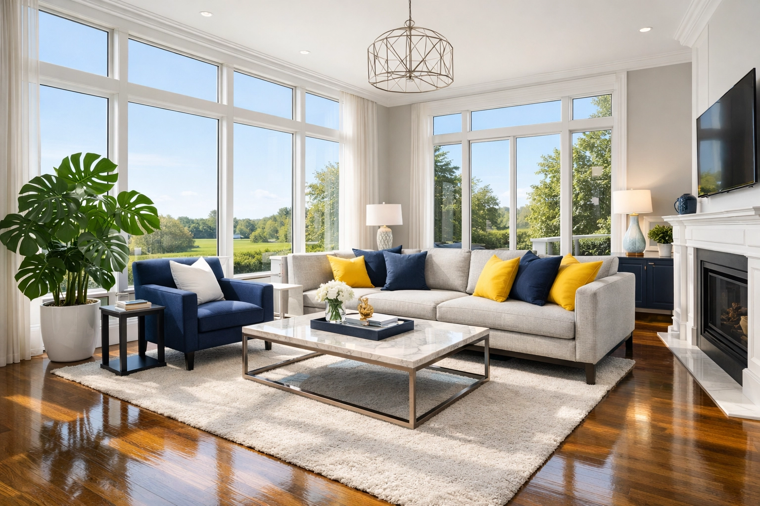 Sunlit living room showing clean air and fresh plants after eco-friendly house cleaning in Framingham MA.