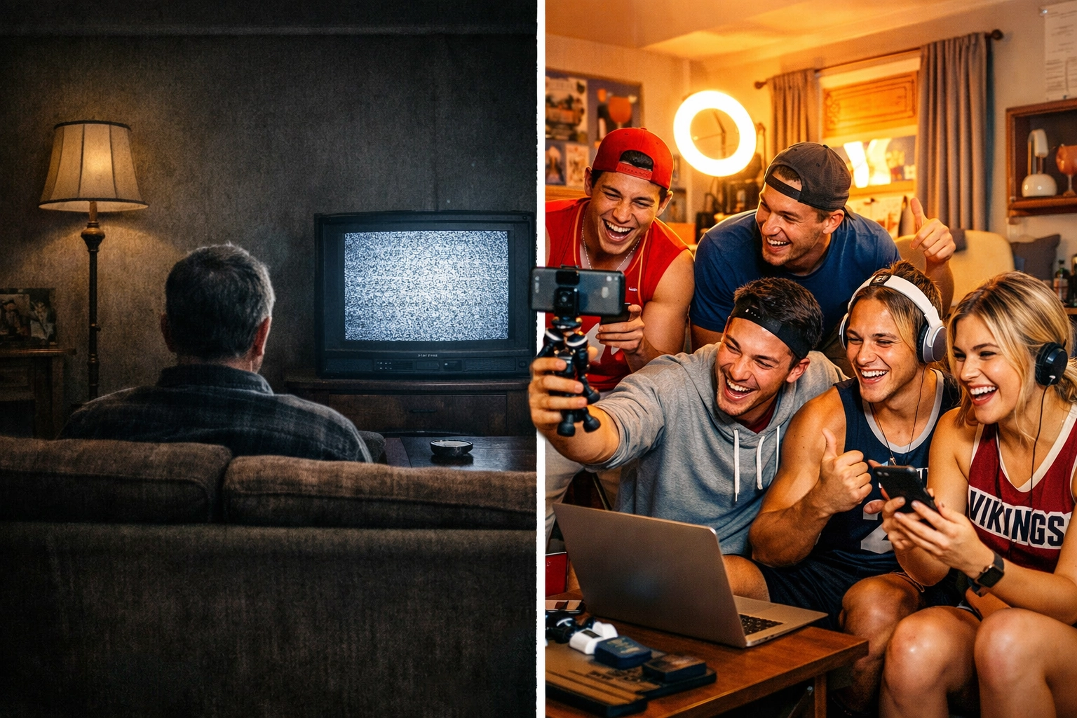 Traditional TV broadcasting versus modern NIL athletes creating digital marketing content