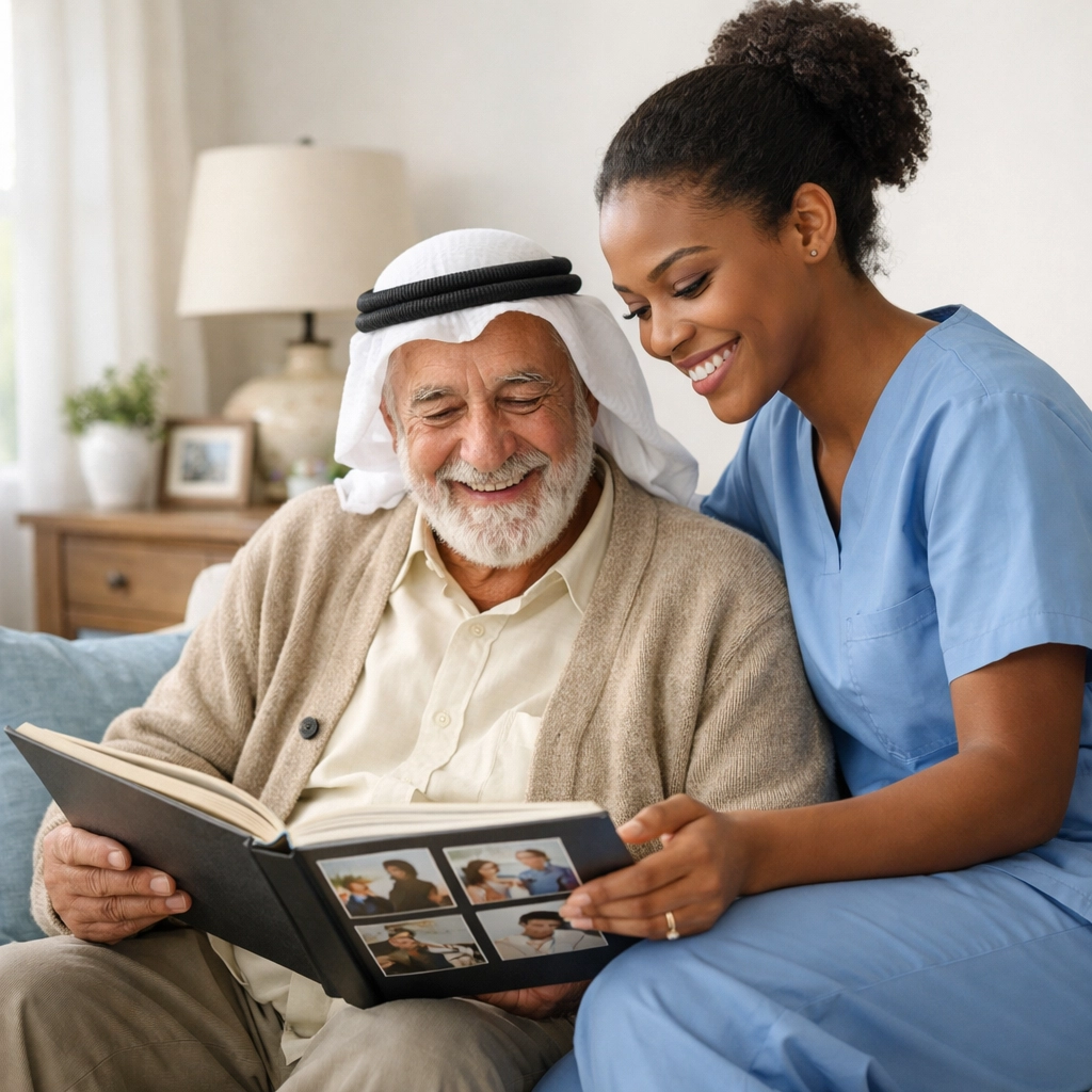 Personalized companionship care: caregiver sharing memories with elderly client at home