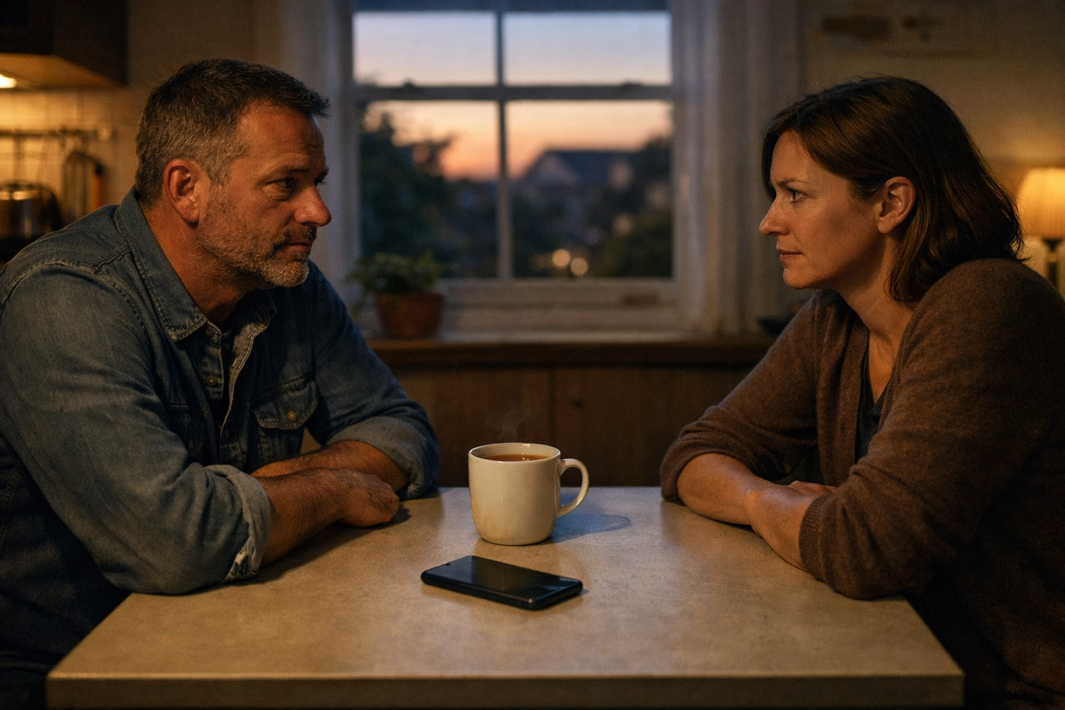 Two adults at a small kitchen table at dusk, one mug of tea between them and a phone face-down, warm window light, guarded but not hostile expressions