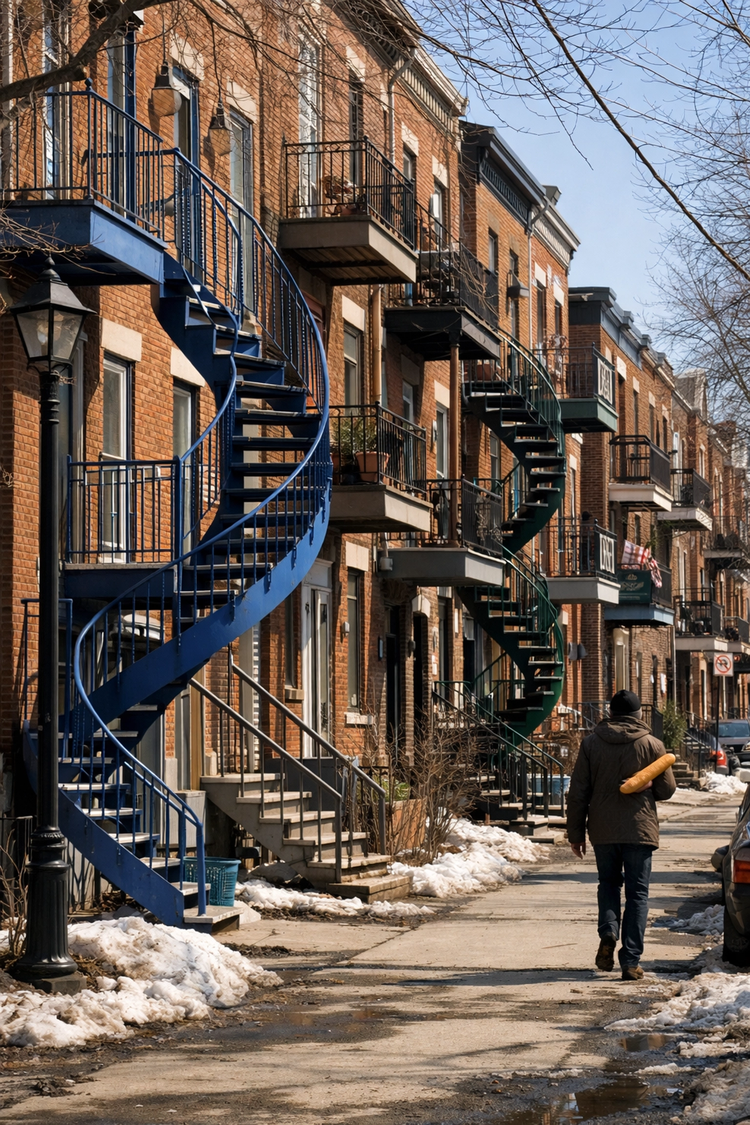 Colorful outdoor spiral staircases on a classic Plateau Mont-Royal residential street in Montreal.