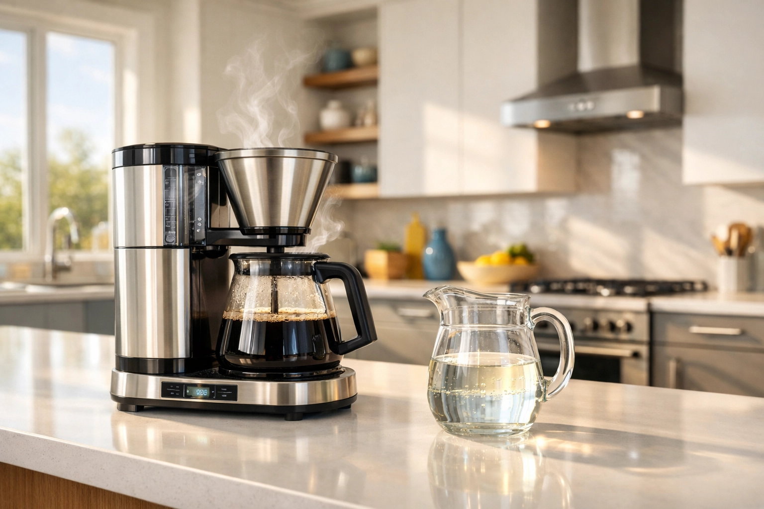 Drip coffee maker in a bright kitchen with a vinegar and water mixture ready for descaling and cleaning.